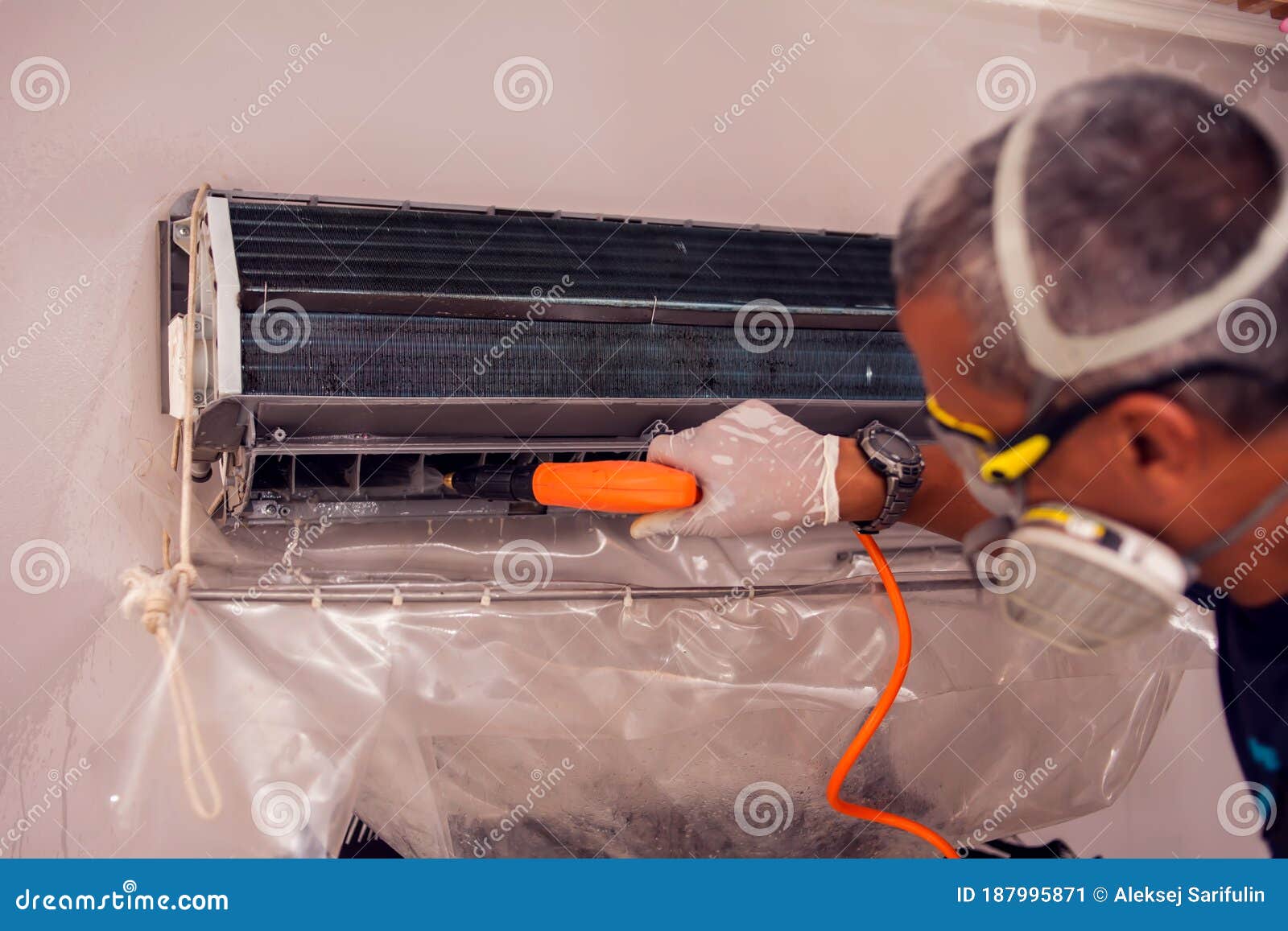 Man Worker Doing Cleaning of Air Conditioning Stock Image Image of