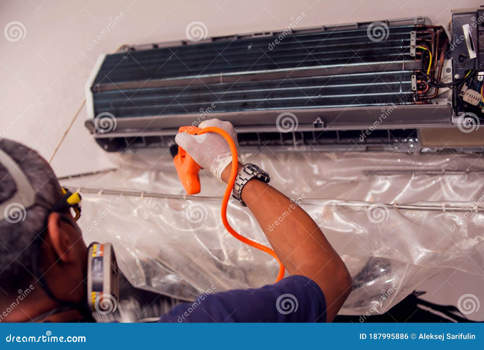 Man Worker Doing Cleaning of Air Conditioning Stock Photo Image of