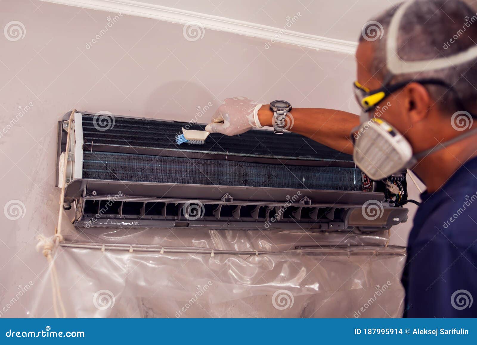 Man Worker Doing Cleaning of Air Conditioning Stock Photo Image of