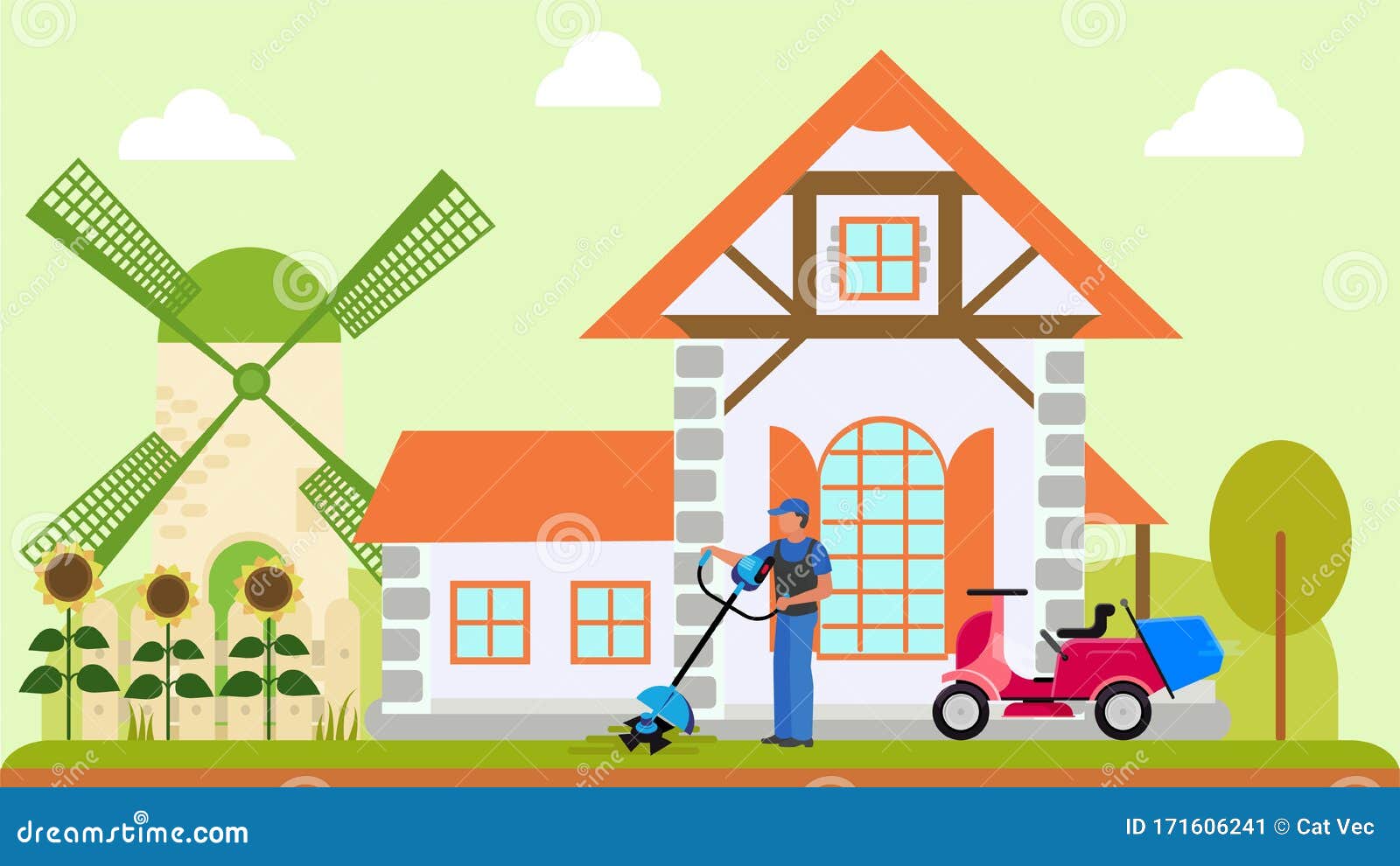 Man worker or owner mows lawn near country house vector illustration. Motorcycle and electric two lawn mowers garden. Man worker gardener or owner mows grass lawn near country house vector illustration. Motorcycle and electric two lawn mowers equipment household machine. Mill, blooming sunflowers.