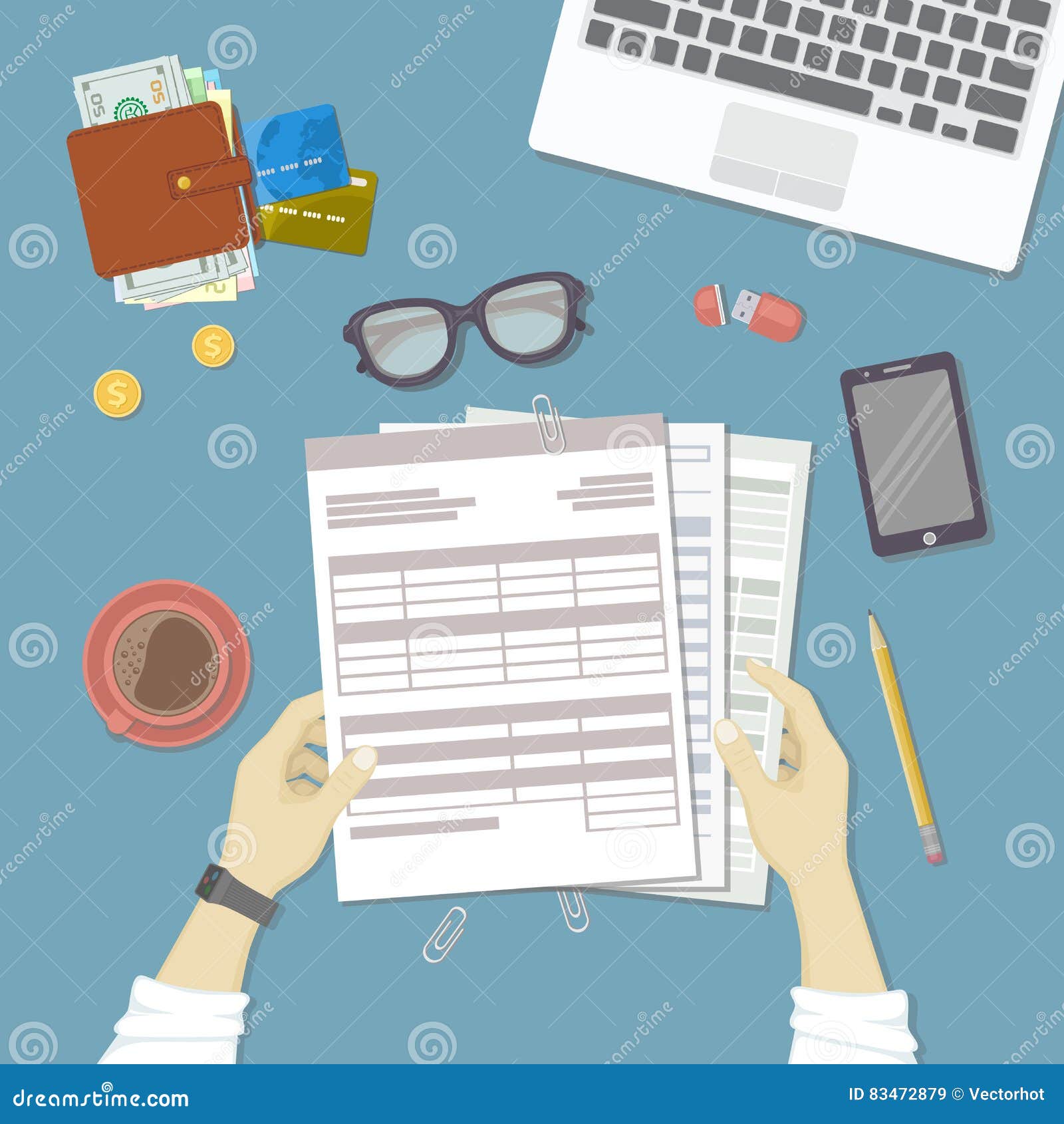 man working with documents. human hands hold the accounts, bills, tax form. workplace with papers, blanks, forms, phone, wallet