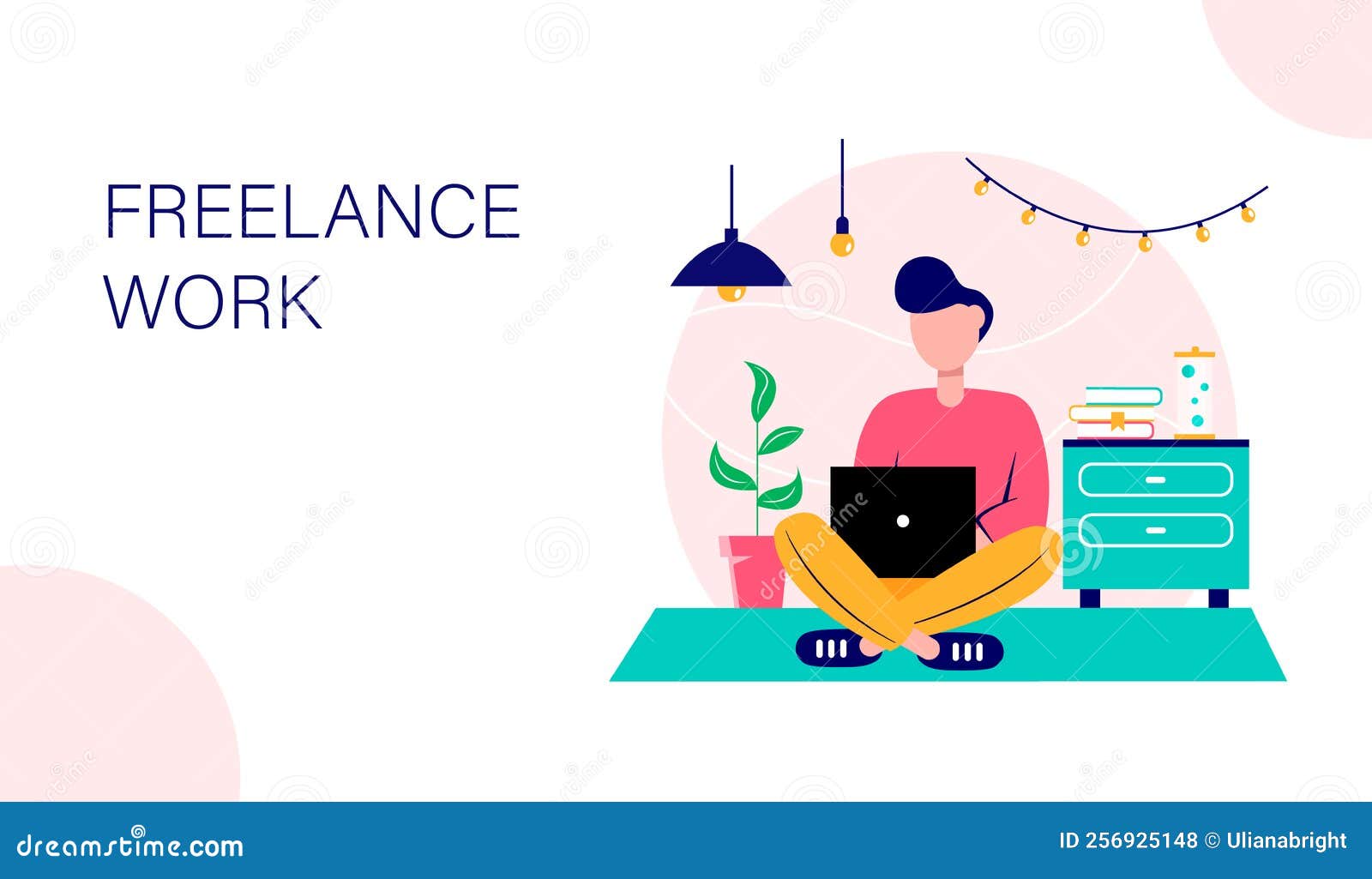 Man Working at Home Office. Character Sitting at Laptop. Home Office