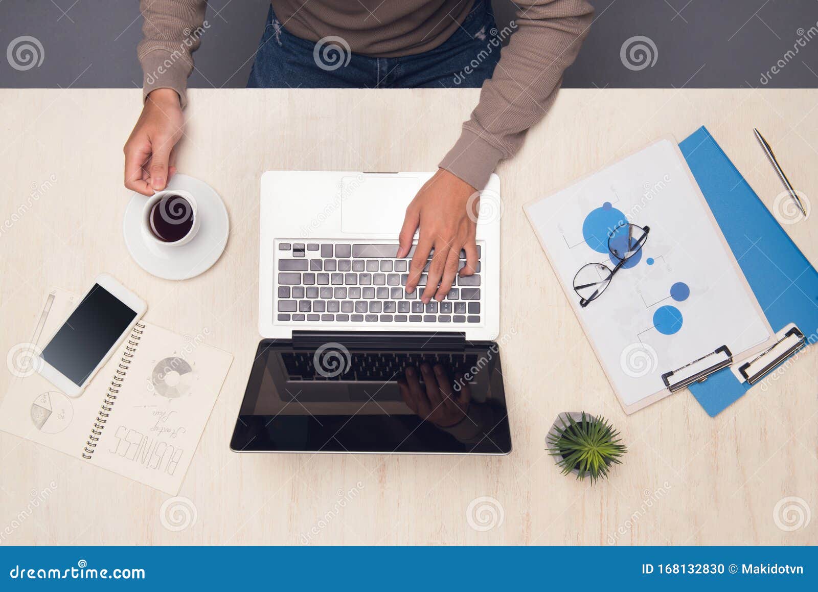 Man Working With Laptop At Desk Top View Stock Photo Image Of