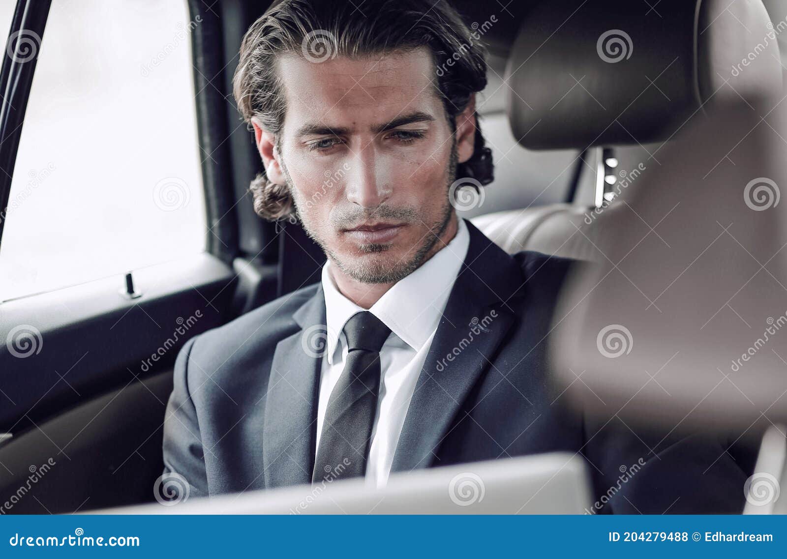 Man Working on Laptop while Sitting in the Car Stock Photo Image of