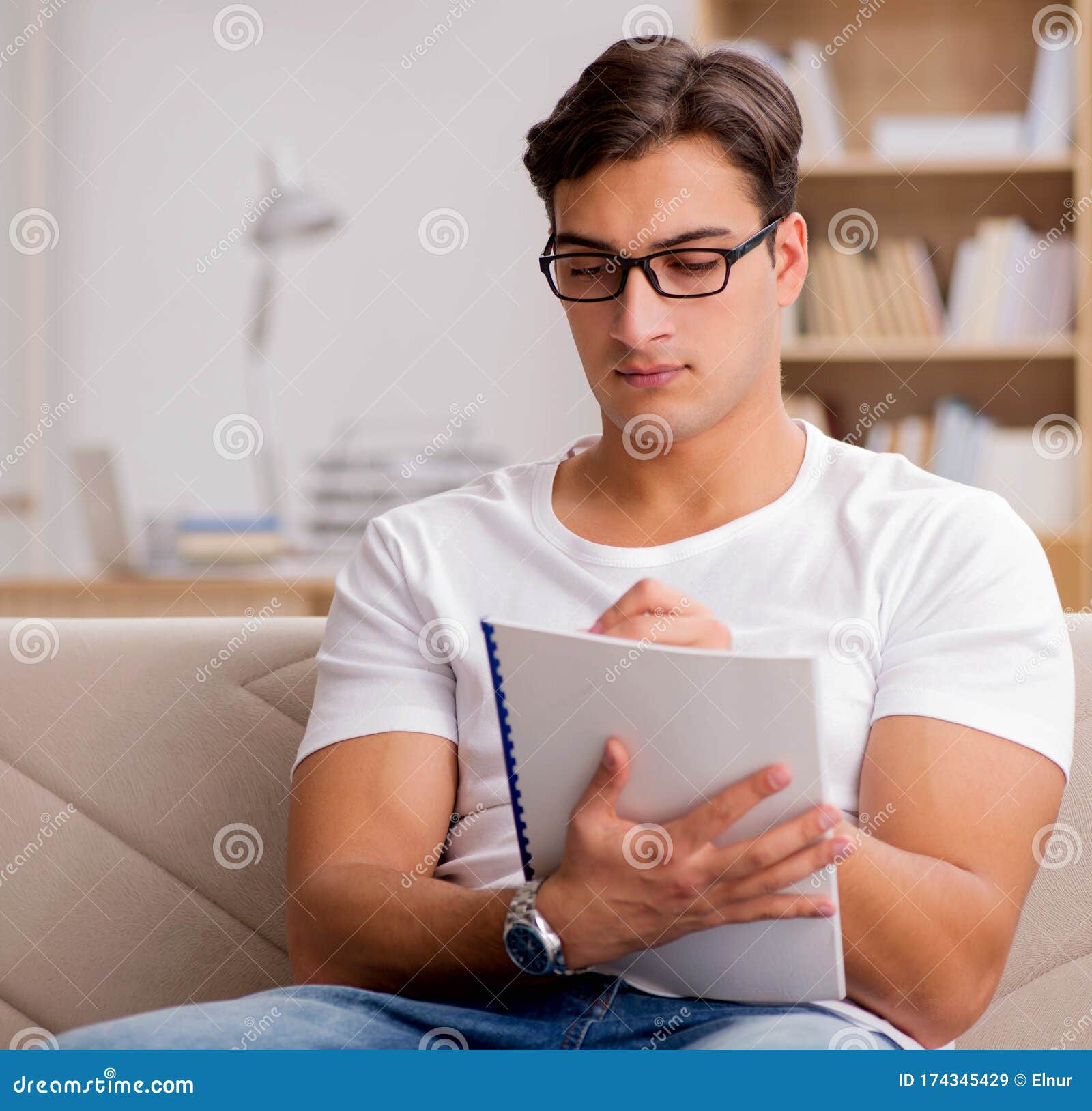 Man Working Sitting in Couch Sofa Stock Image Image of person