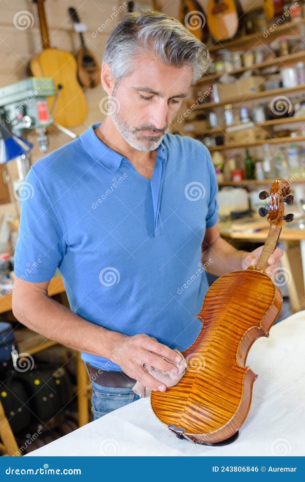 Man in Polishing Violin Stock Photo Image of wood, luthier