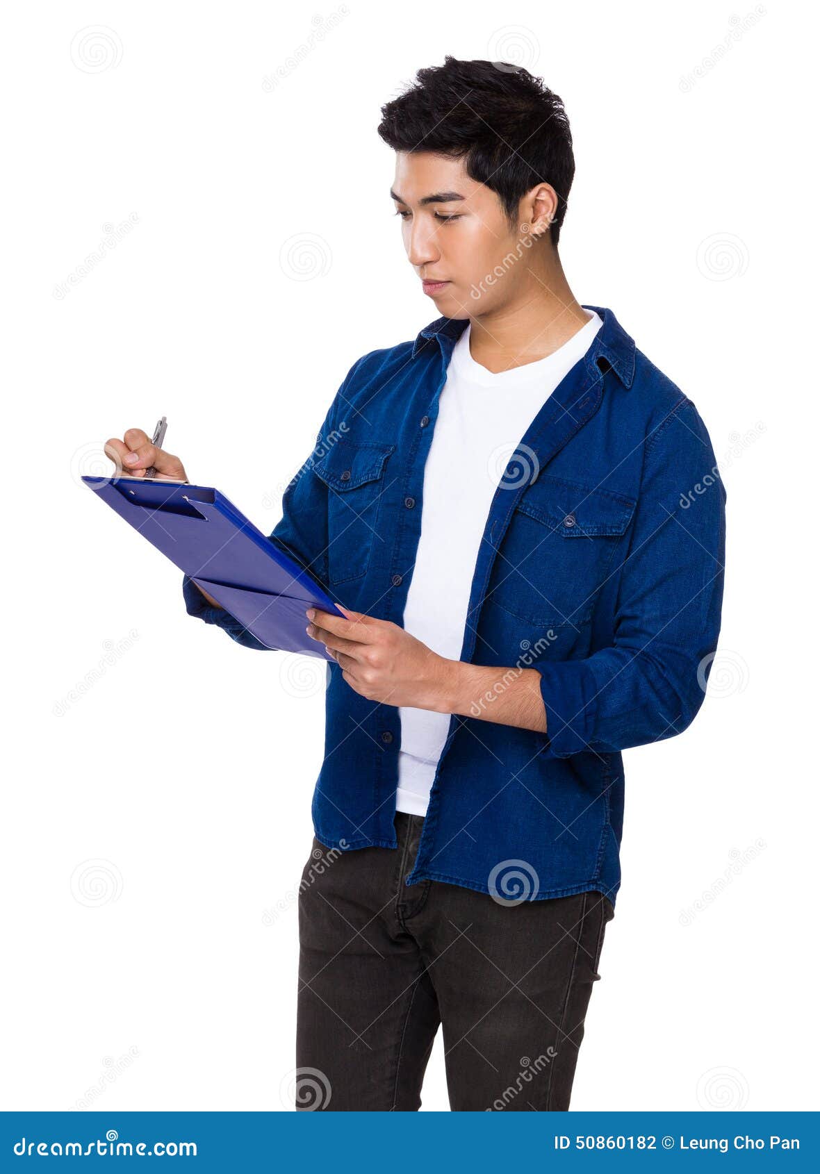 Man write on clipboard stock photo. Image of paper, record 50860182