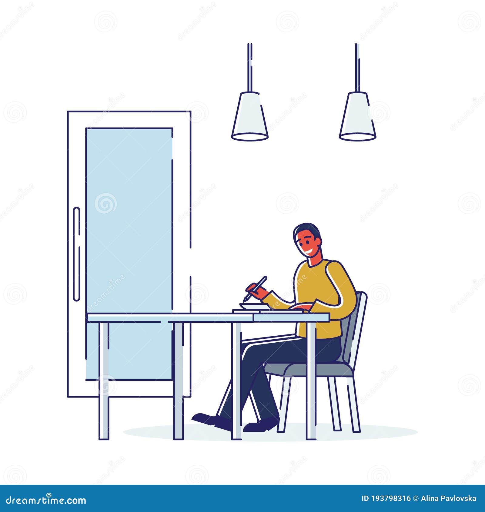 Man Writing Letter. Cartoon Male Character Sitting at Desk Hold Pan and  Write on Paper Stock Vector - Illustration of people, plan: 193798316