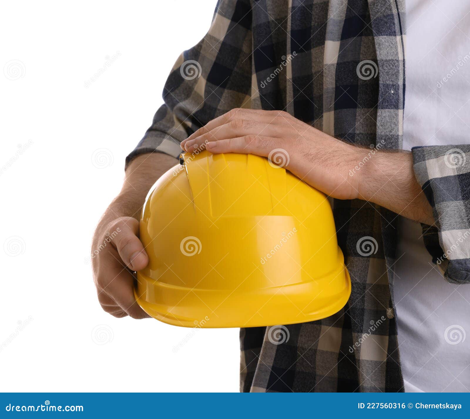 Man with Yellow Hard Hat on White Background, Closeup Stock Photo ...
