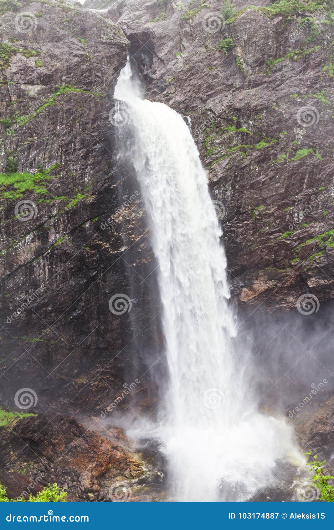 beautiful view to manafossen waterfall, located at the bottom of the fjord frafjord in gjesdal of rogaland, norway.