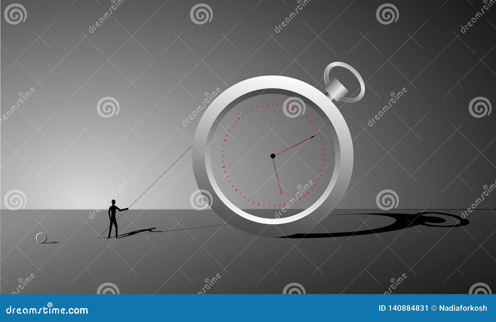 manage the time, ring watch and small man with stick and long shadows, surrealism clock, change the time dreams,