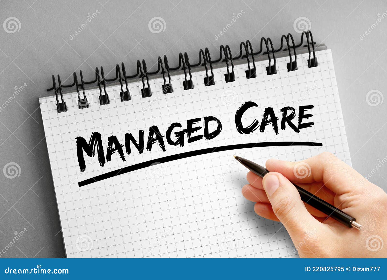 managed care text on notepad, concept background