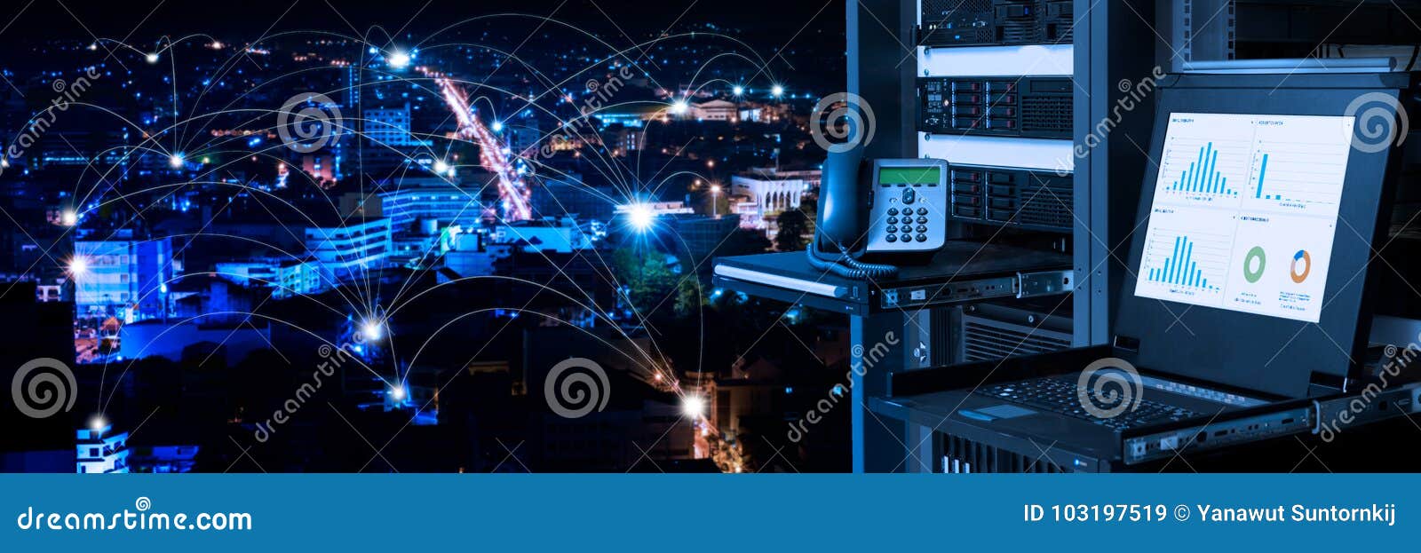 management and monitoring monitor in data center and connectivity lines over night city background