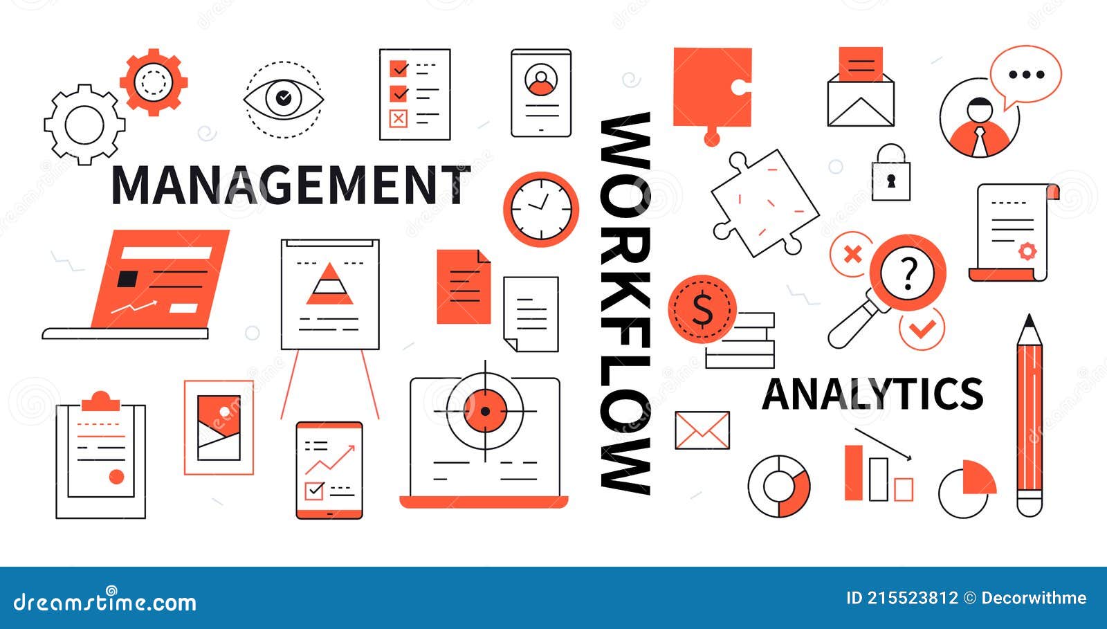 management, workflow and analytics - line  style icons