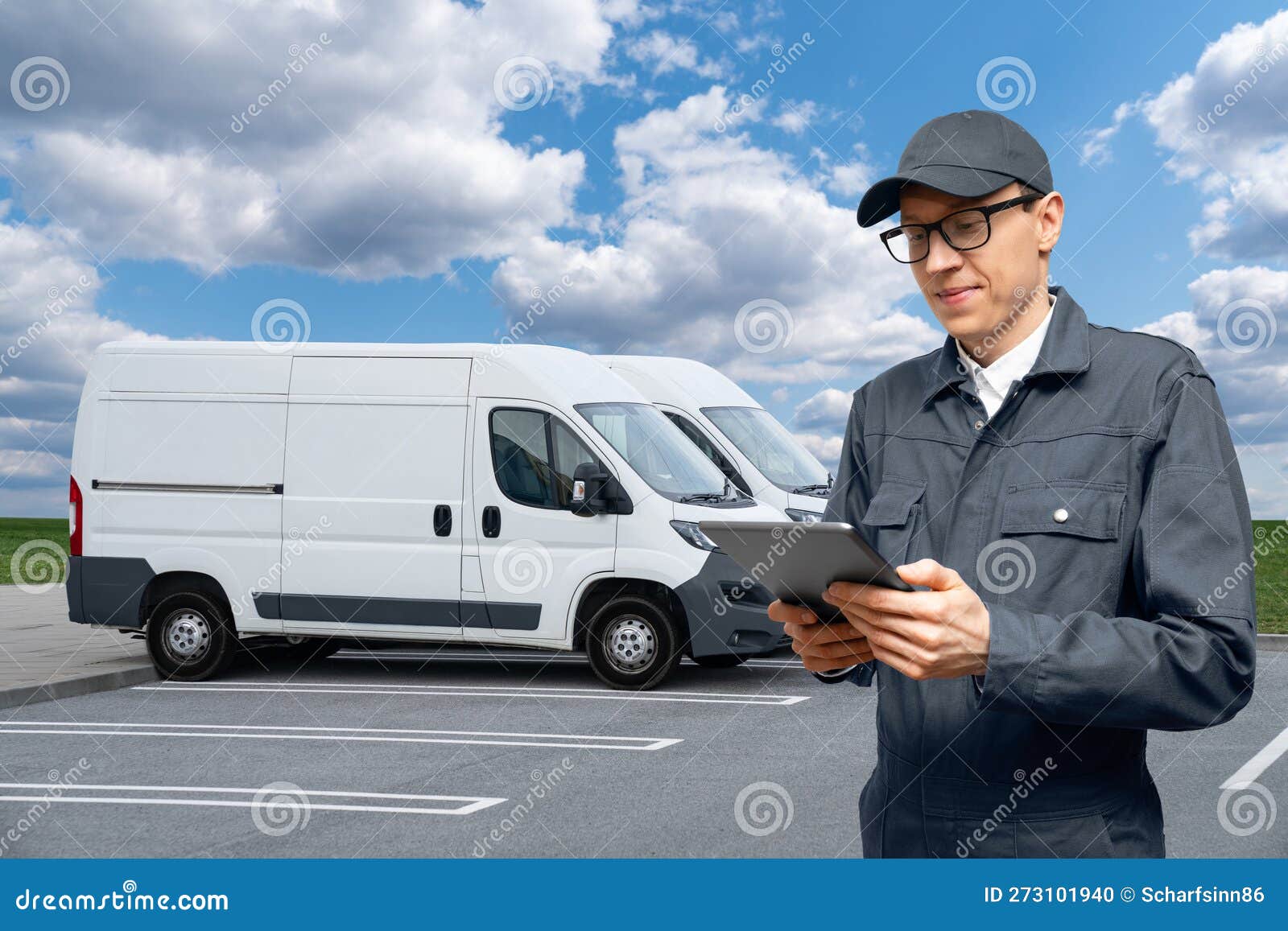 Manager with a Digital Tablet on the Background of Vans. Stock Photo
