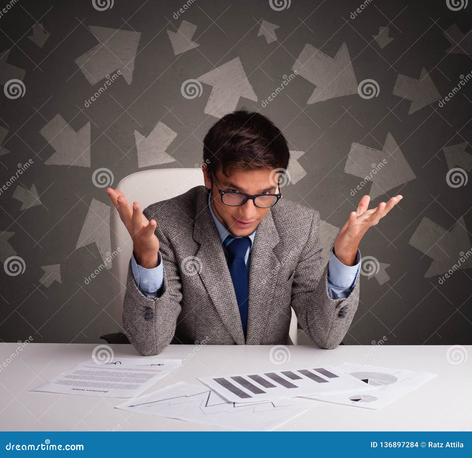 Manager in Front of the Office Desk with Direction Concept Stock Photo