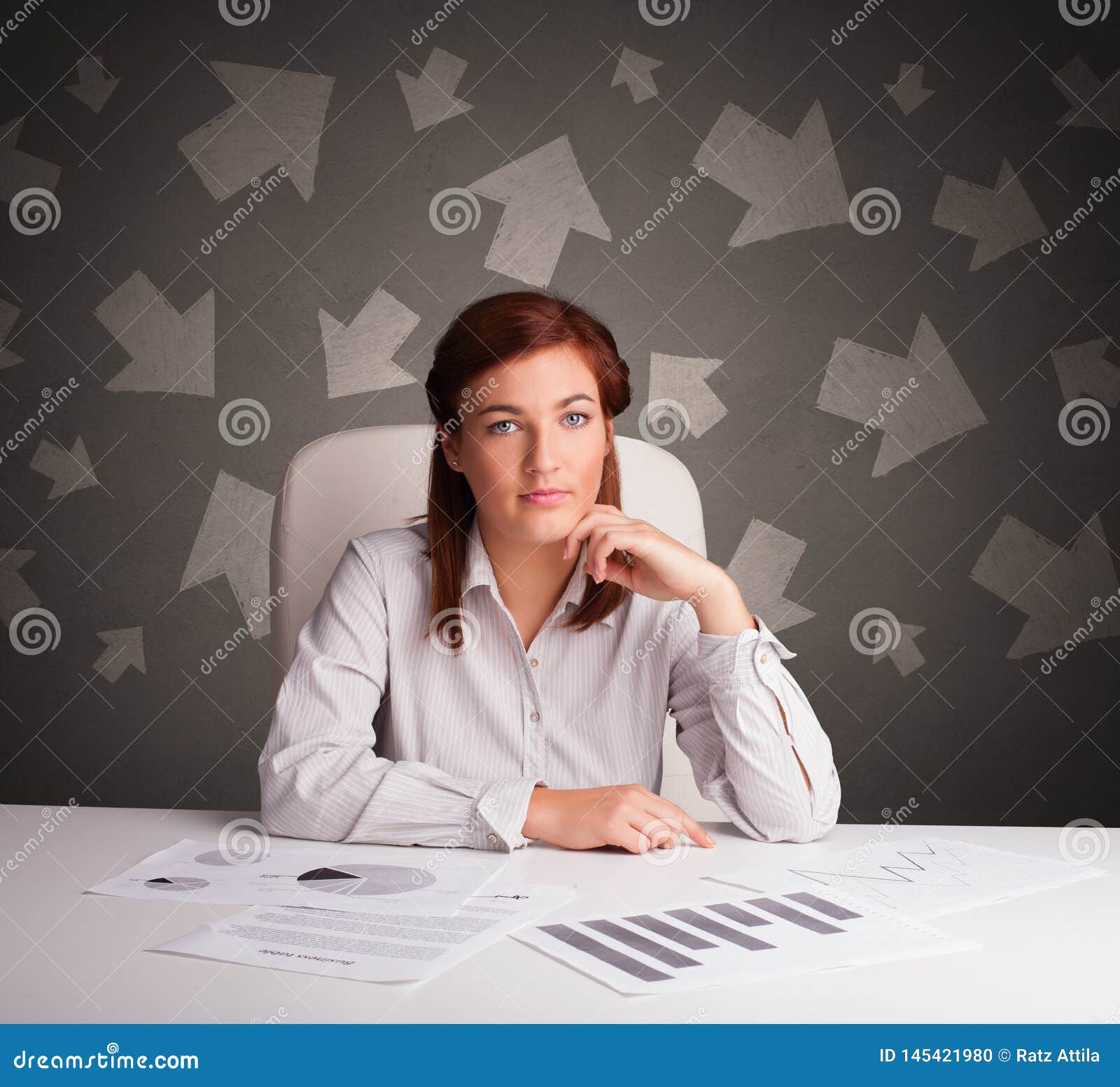 Manager in Front of the Office Desk with Direction Concept Stock Photo