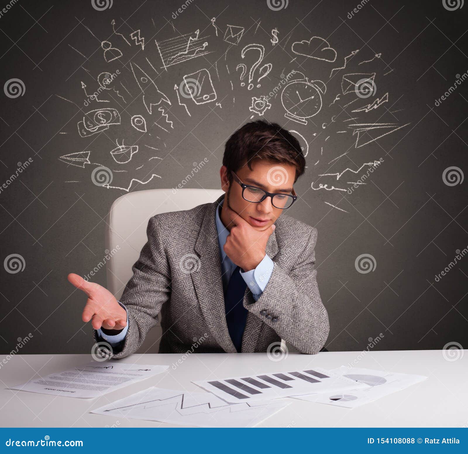 Manager in Front of the Office Desk with Direction Concept Stock Photo
