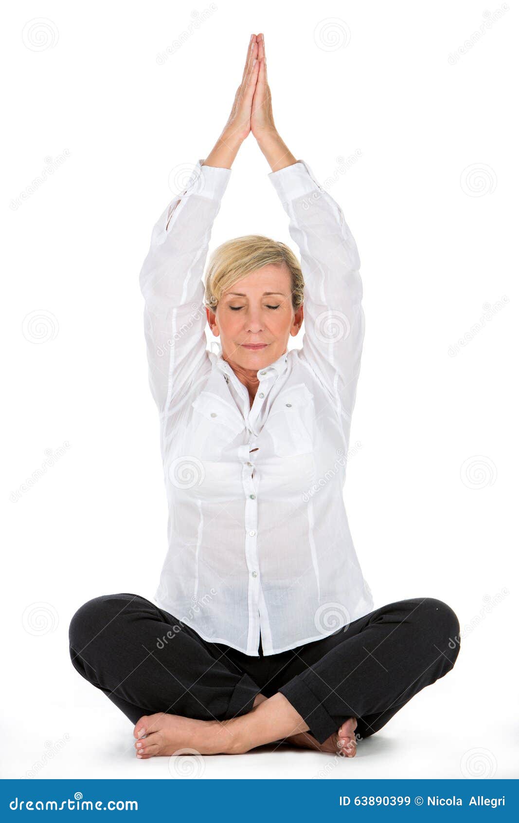 manager woman doing yoga at white background