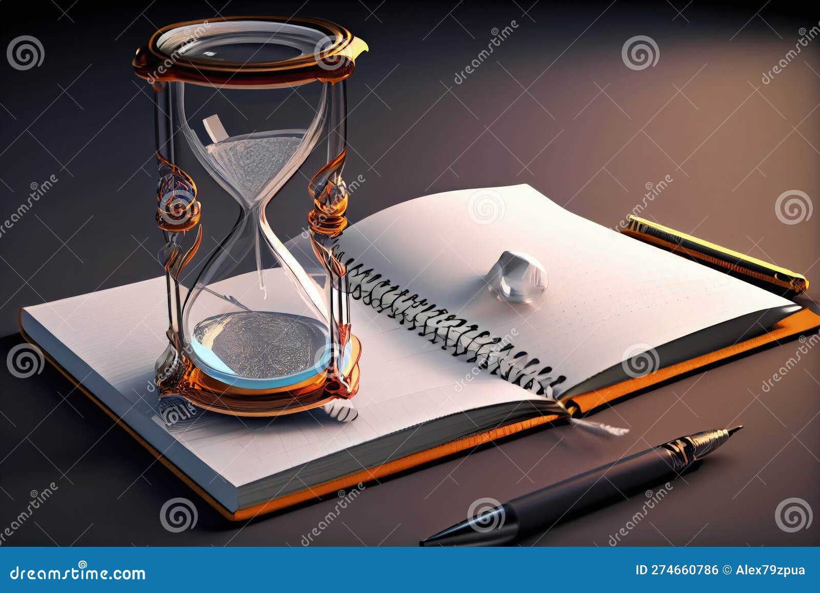 managing time and tasks - hourglass, notebook, and pen - generative ai