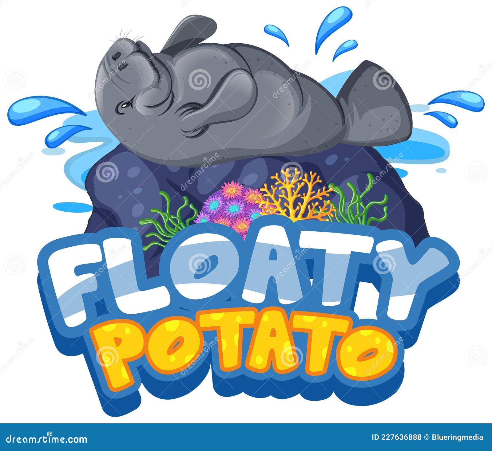 Manatee Cartoon Character with Potato Font Banner Vector - Illustration of clip, 227636888