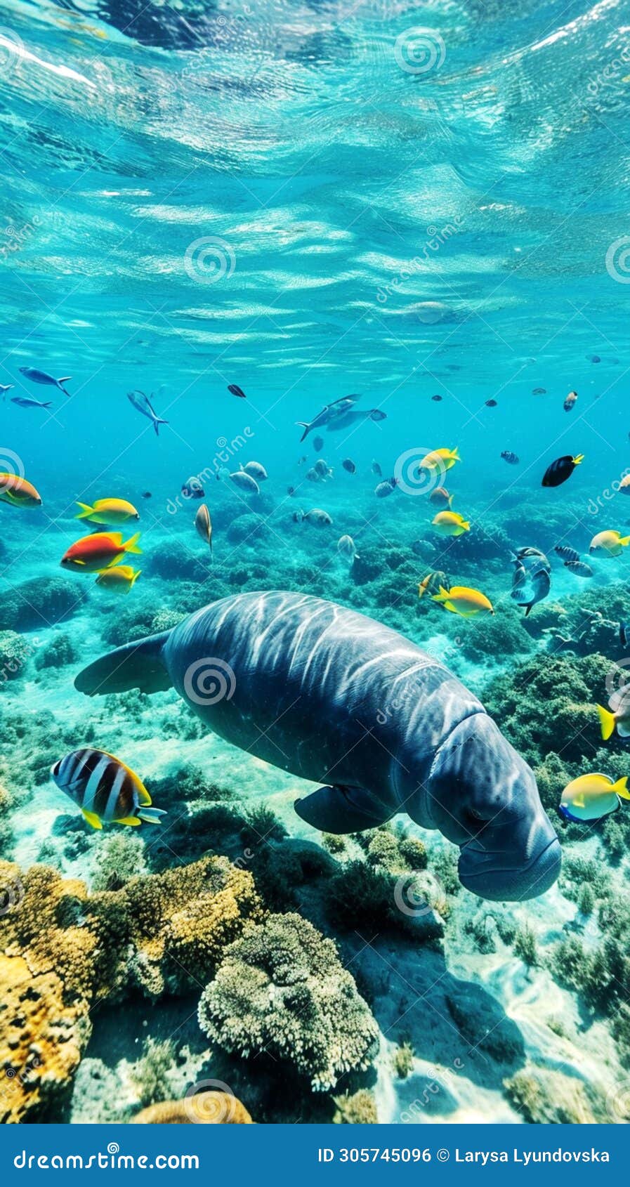 the manatee swims in the water above the sandy seabed