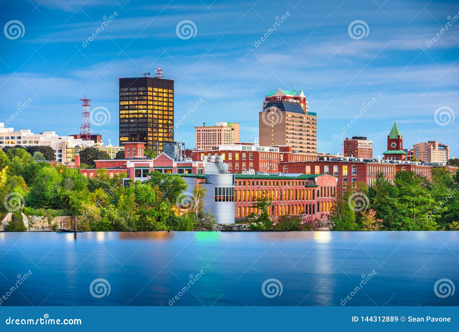 manchester, new hampshire, usa skyline on the merrimack river
