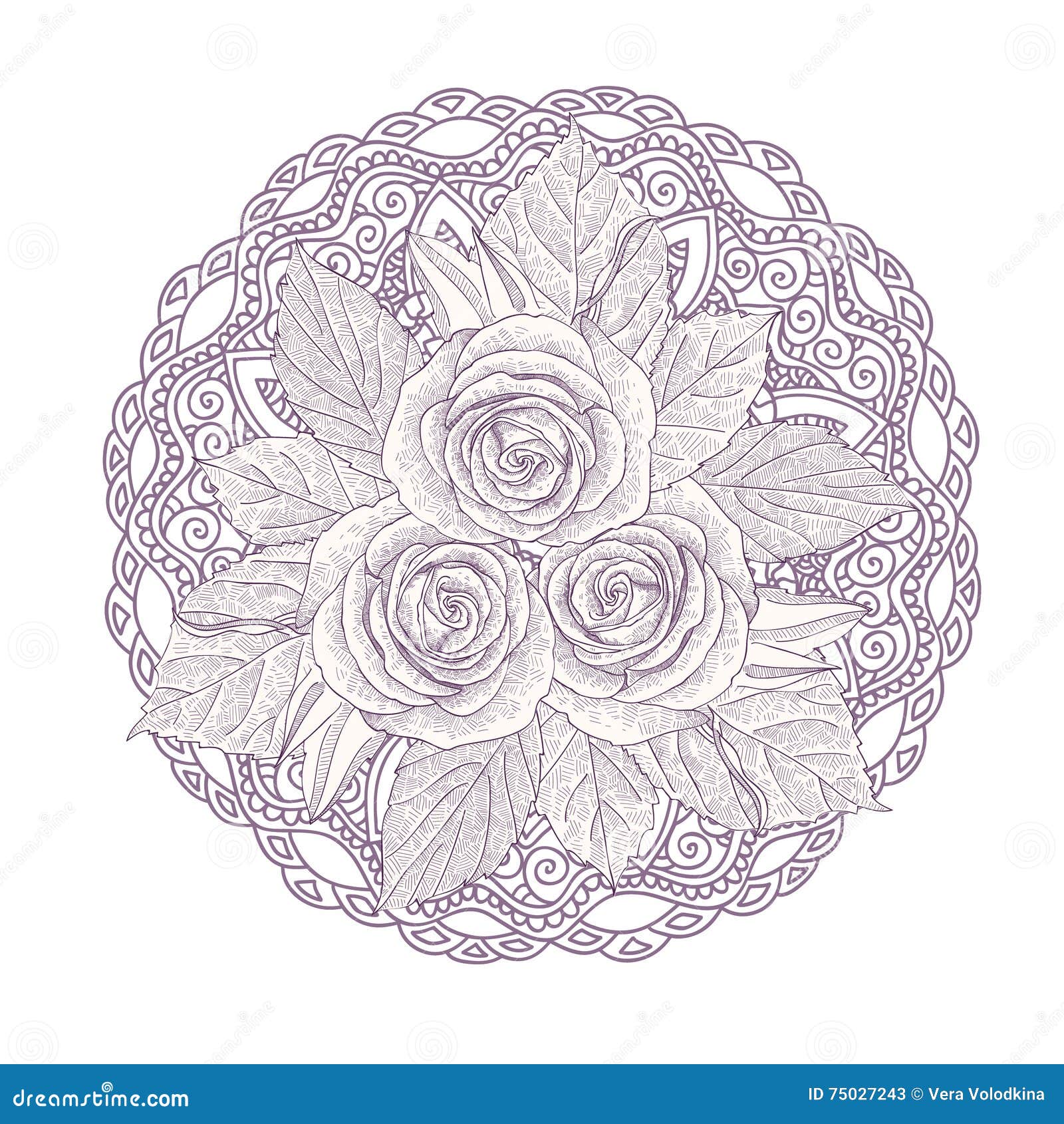 Download Mandala With Bouquet Of Three Roses Isolated On White ...