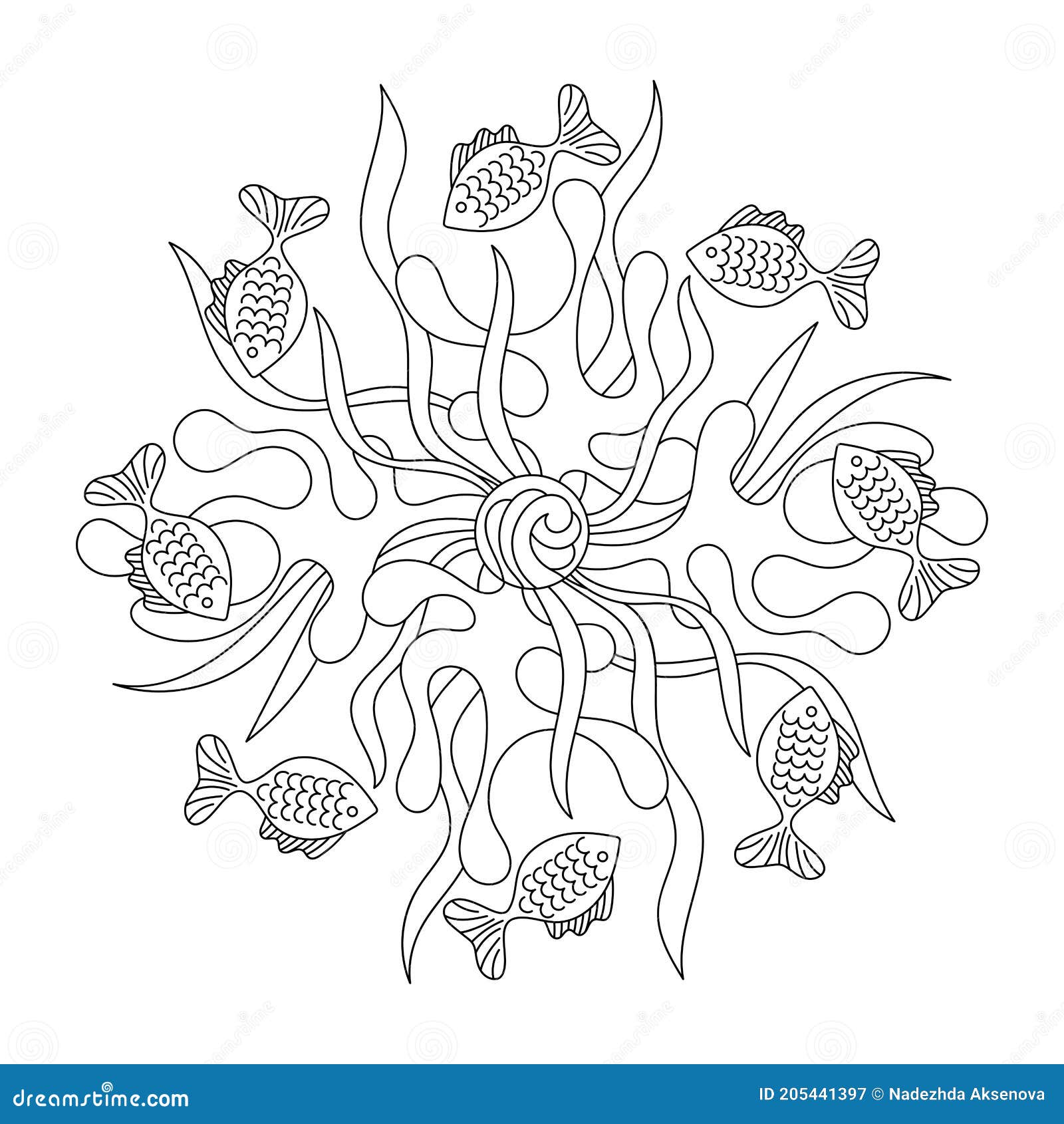 Mandala with Fish and Abstract Sea Plants. Coloring Book for Children ...