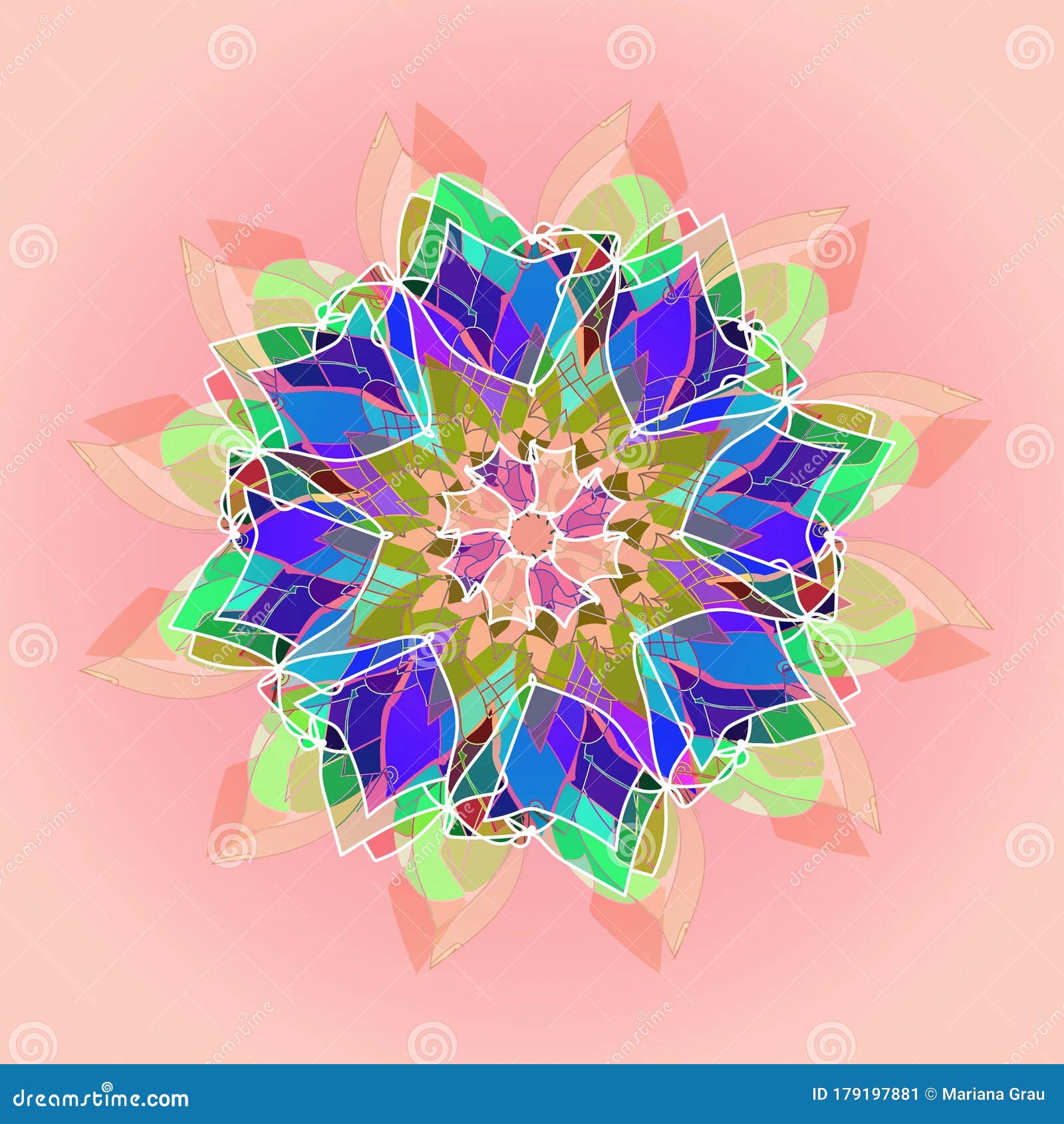 MANDALA FLOWER. PLAIN PINK BACKGROUND. CENTRAL FLOWER in WHITE, PINK, LIGHT  ORANGE,BLUE, PURPLE, TURQUOISE. Stock Illustration - Illustration of  colorful, brown: 179197881