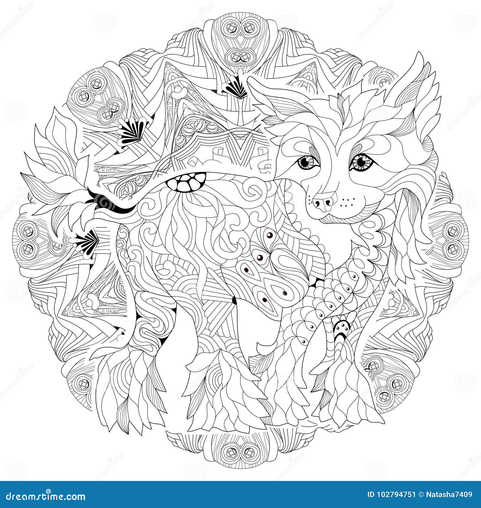 meesteres beweeglijkheid Ontstaan Mandala Met Hond Voor Het Kleuren Vector Decoratief Zentanglevoorwerp  Vector Illustratie - Illustration of lijn, mediteren: 102794751