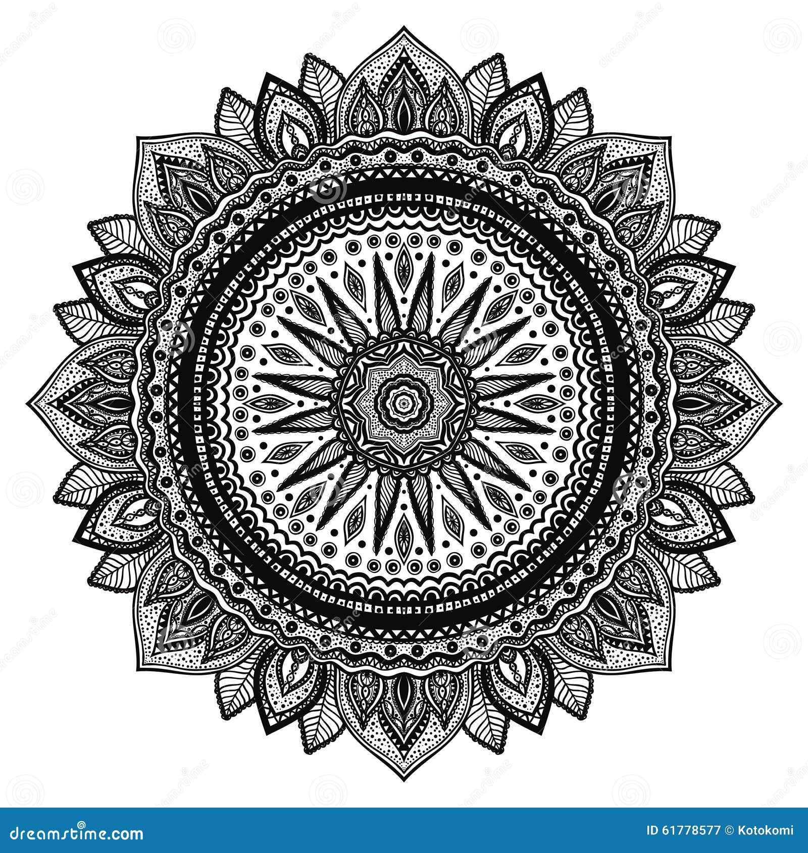 Mandala Noir, Motif Indien Ornement Rond Fleuri Mandala Noir, Motif Indien Ornement Rond Fleuri