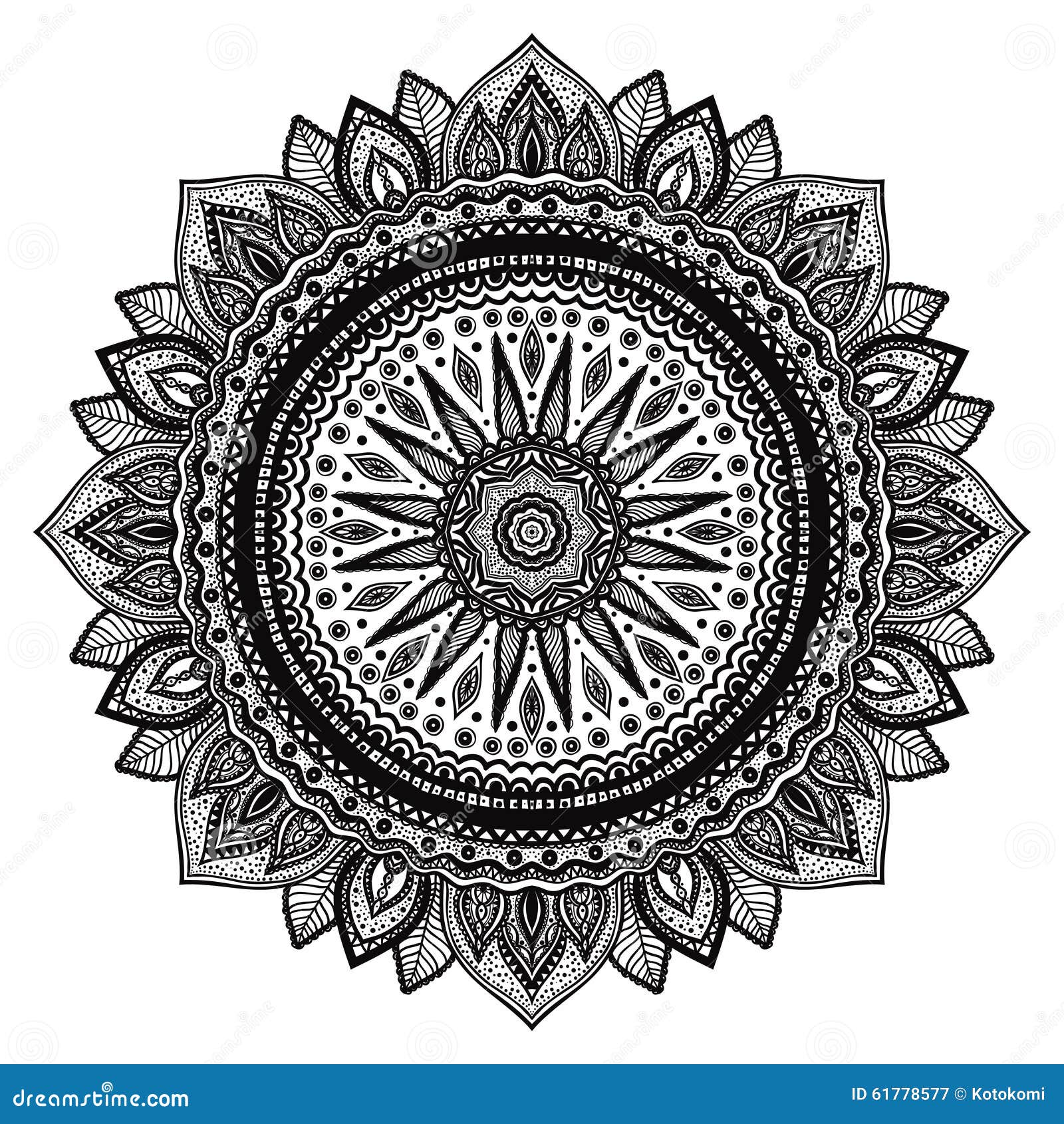 Mandala Noir, Motif Indien Ornement Rond Fleuri 