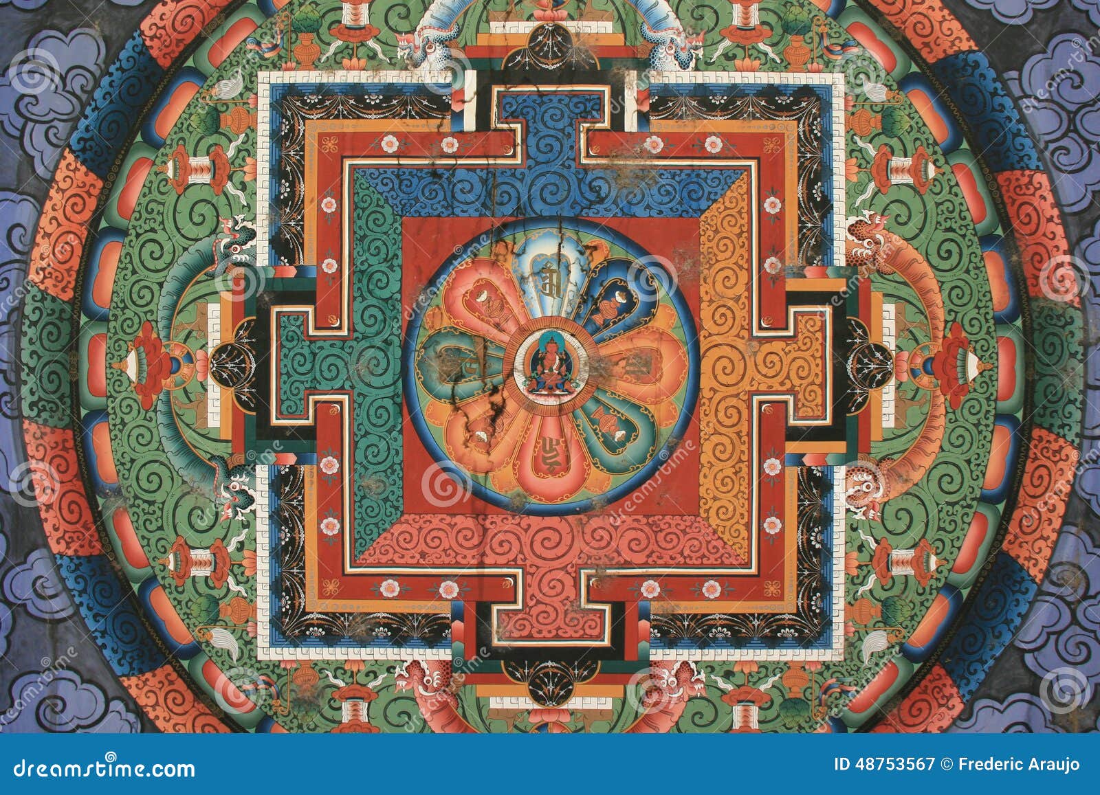 a mandala was painted on the ceiling of the gate of a buddhist temple in thimphu (bhutan)