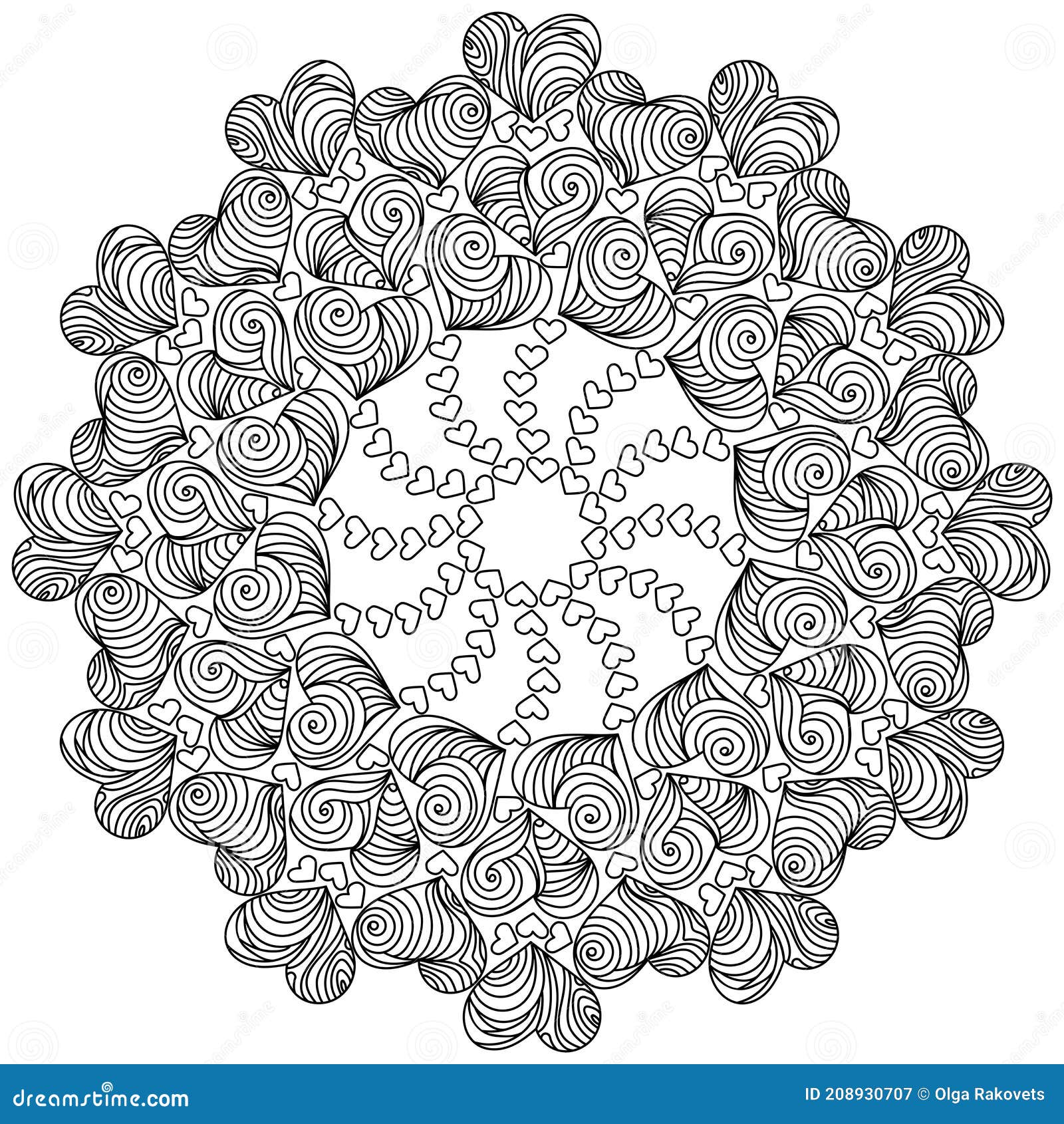 Mandala Zen Symétrique Avec Coeurs Bouclés Anti Stress Coloriage