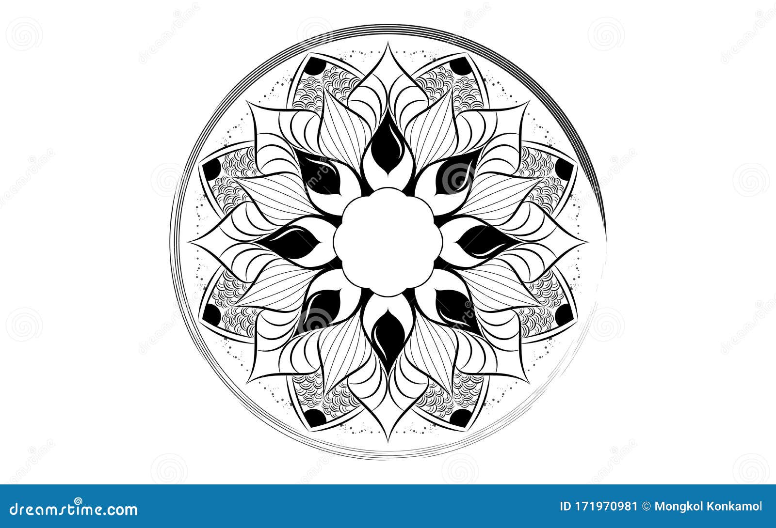 circle pattern petal flower of mandala with black and white, floral mandala relaxation patterns unique  with white bac