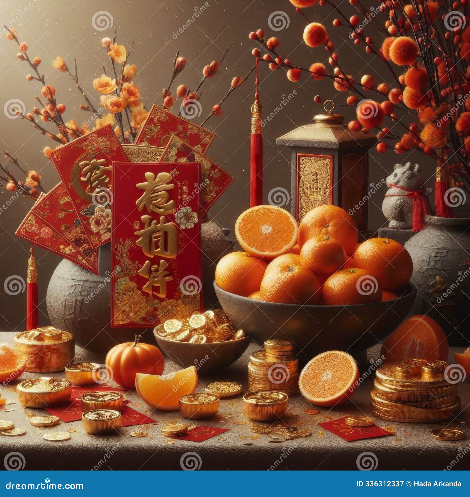 mandarin orange gold sycee and red packet for chinese new year