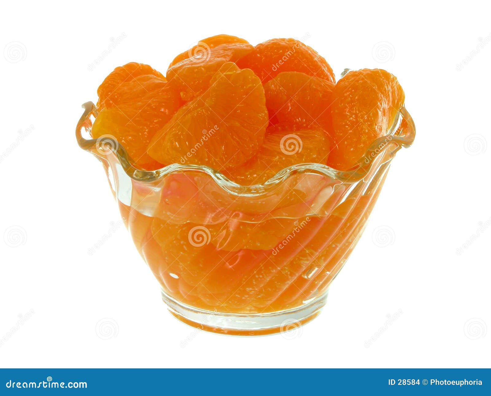 Mandarin orange segments in a glass dessert bowl. Shot highkey on white.