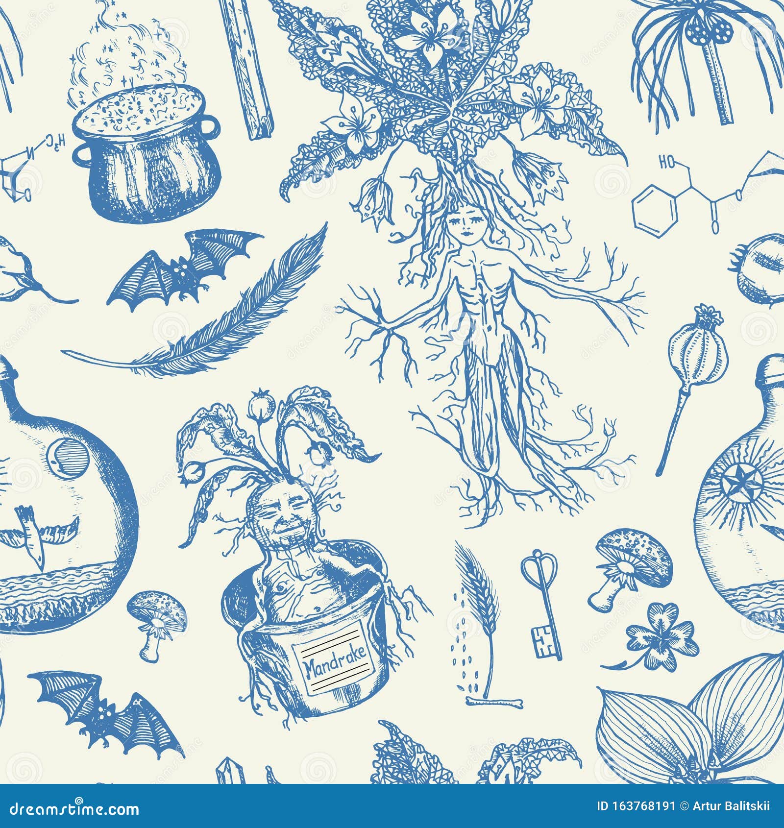 Mandrake Padrão Sem Costura No Estilo De Vintage Flor Mágica Fantasista E  Ingredientes Para Feitiçaria Mão Ilustração do Vetor - Ilustração de  botânica, desenho: 163768191
