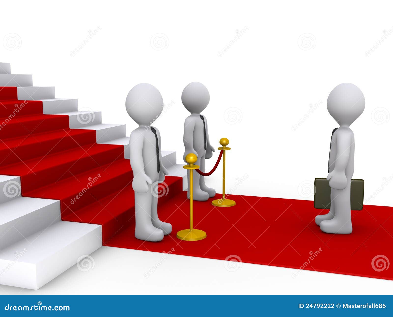 A maneira do homem de negócios às escadas é obstruída. O homem de negócios 3d que estão na frente das escadas e dois outro estão obstruindo sua maneira