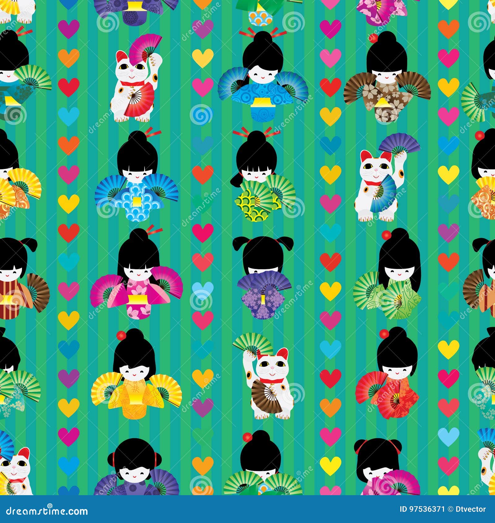 maneki japanese doll fan dance symmetry seamless pattern