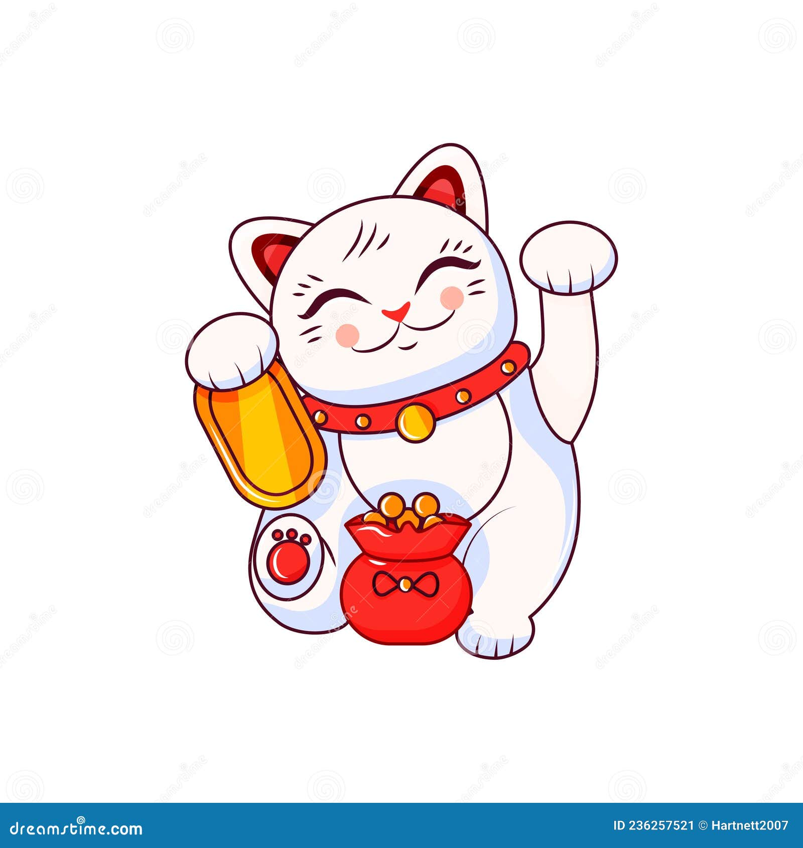 Caricatura De Maneki Neko. Ilustración De Gato Con Suerte Blanco