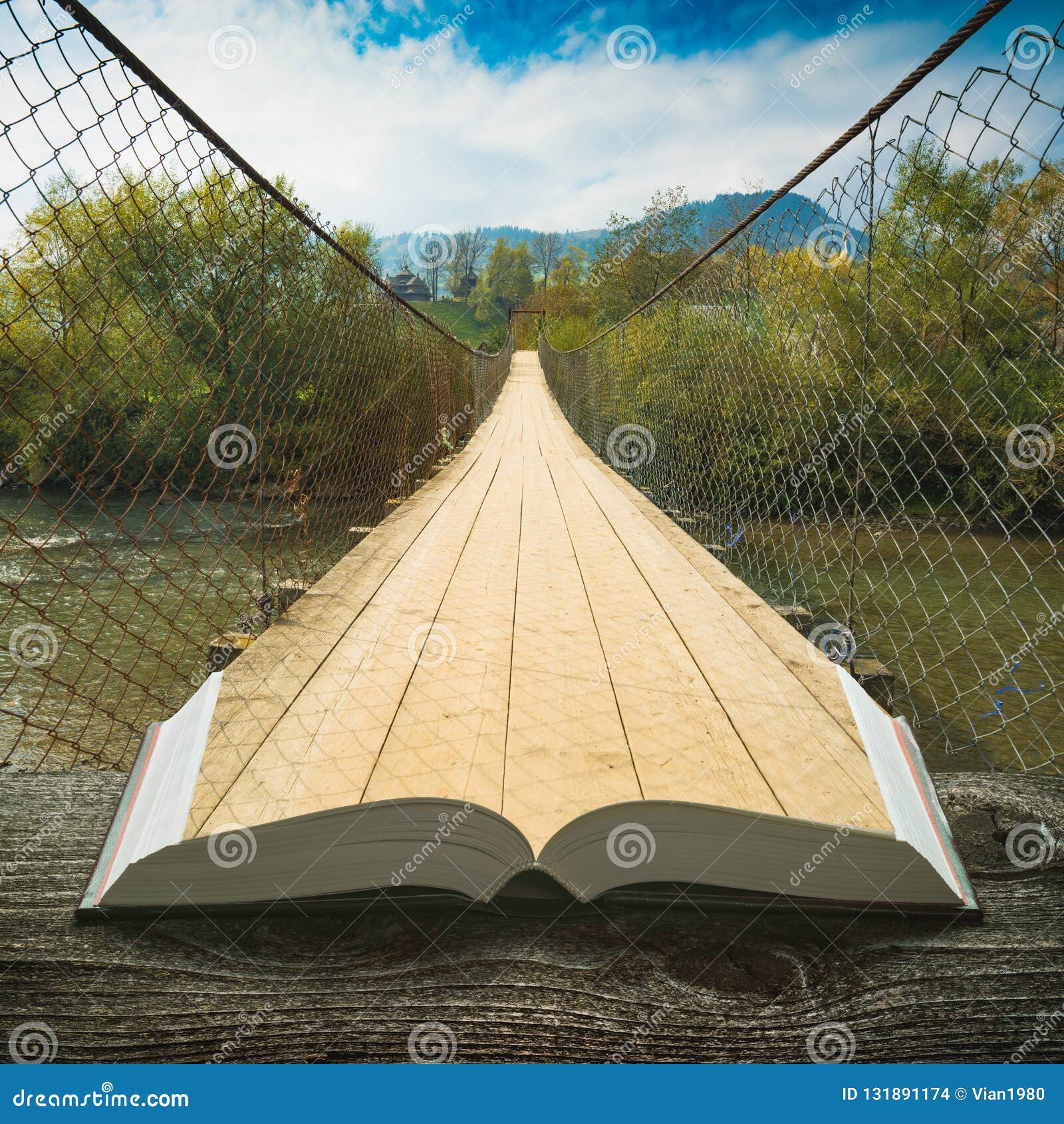 Por Puente Colgante En Las Páginas Del Libro Foto de archivo Imagen de aprendizaje, 131891174