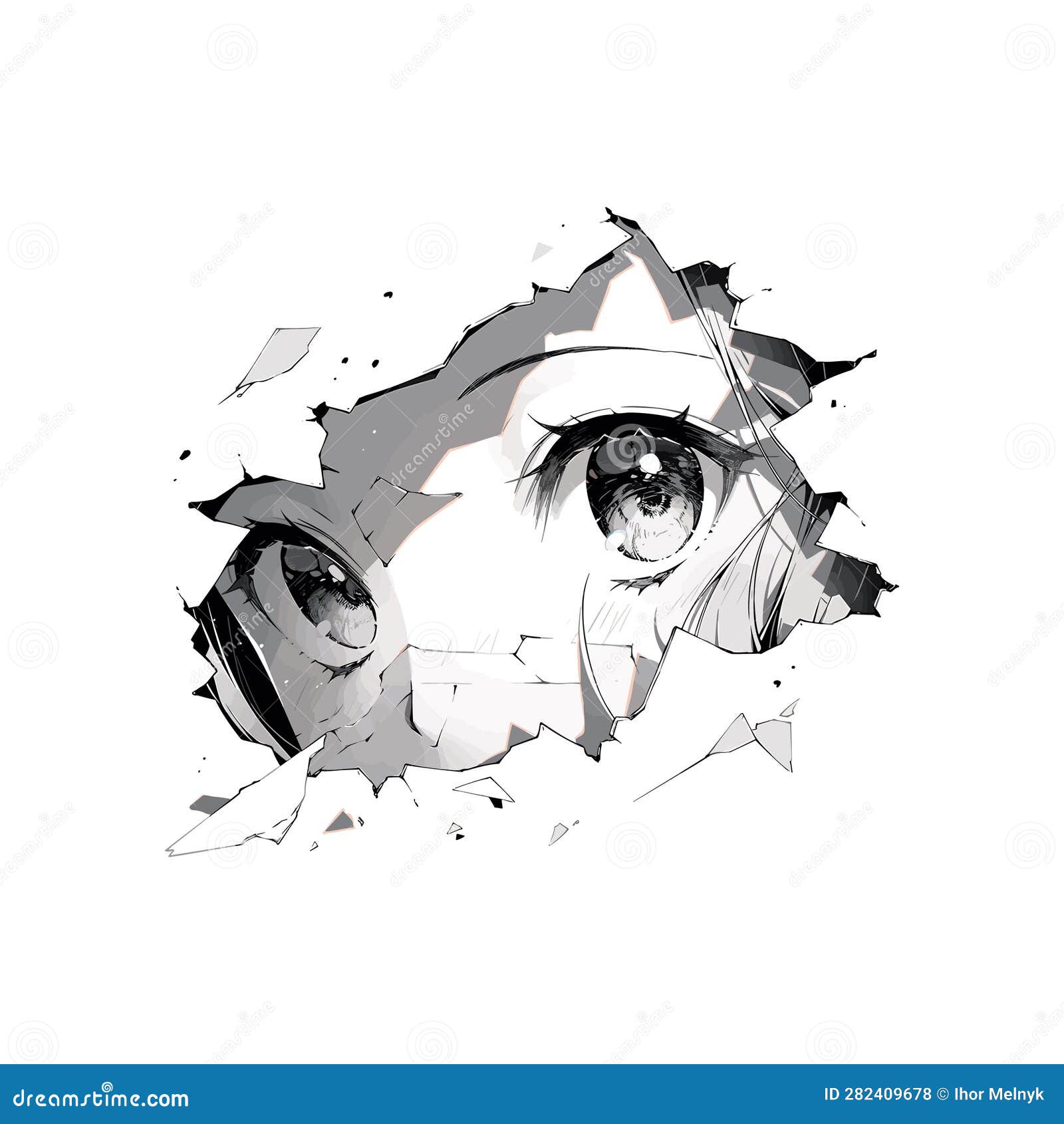 Premium Vector  Manga eyes looking with paint dripping from her face  drawing of black and white anime girl peeps out