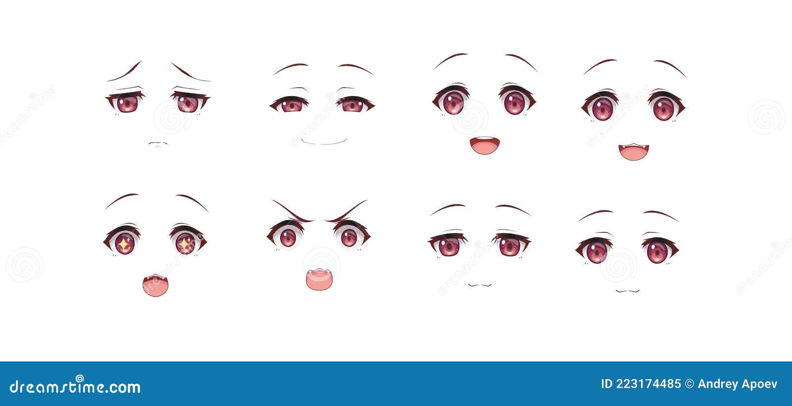 Expressão de mangá. expressões faciais de garota anime. olhos