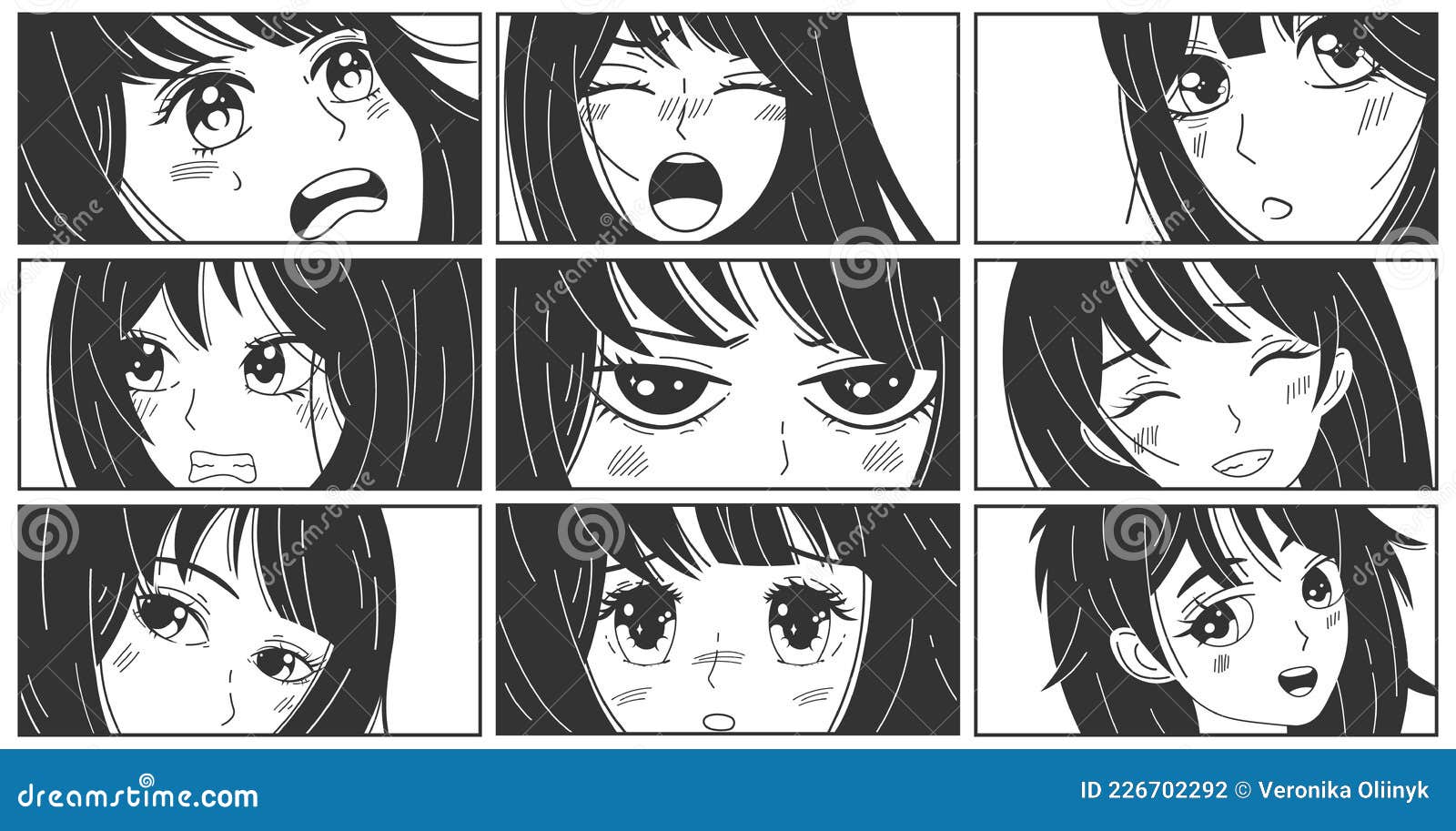 crema galería horizonte Manga Kawaii Expresiones Caracteres De Anime Asiático. Anime Lindo Mujer  Afiches De Historietas Conjunto De Ilustraciones Vectoria Ilustración del  Vector - Ilustración de atractivo, adolescente: 226702292