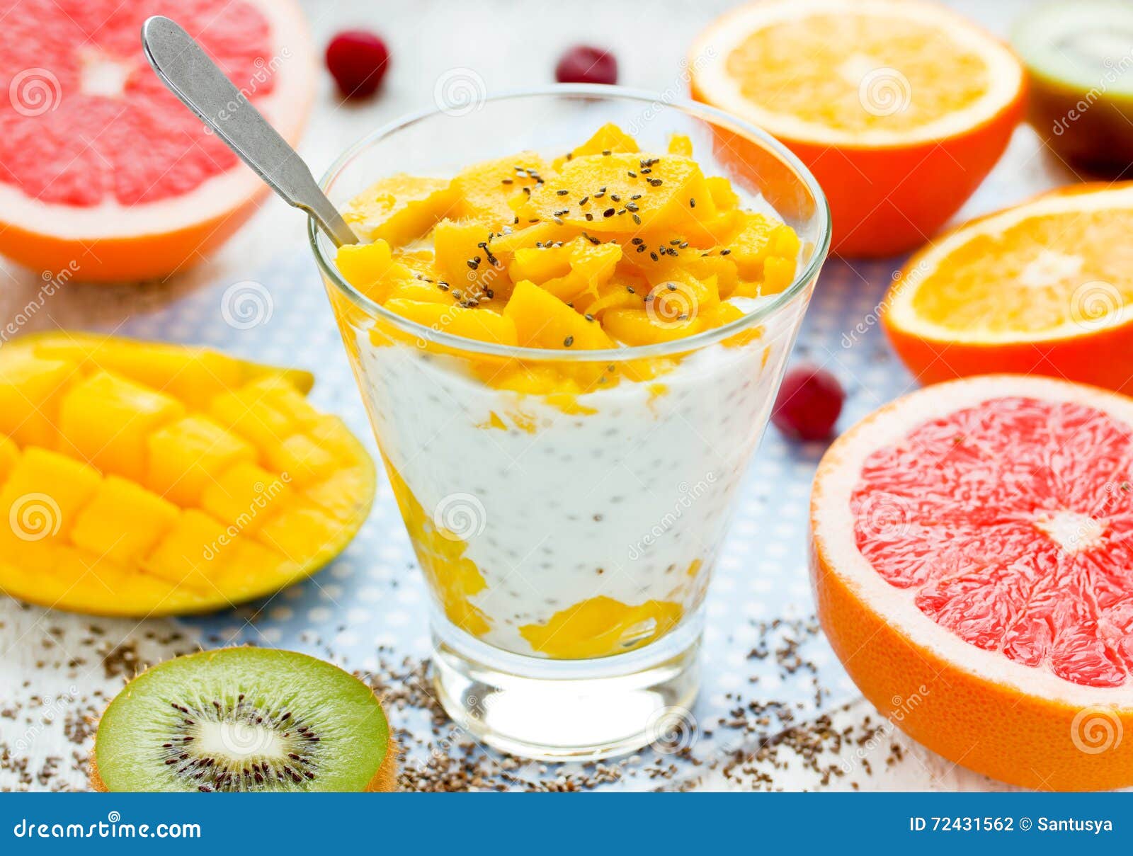 Mango Chia Pudding With Fresh Citrus Fruit For Breakfast, Dietary Food