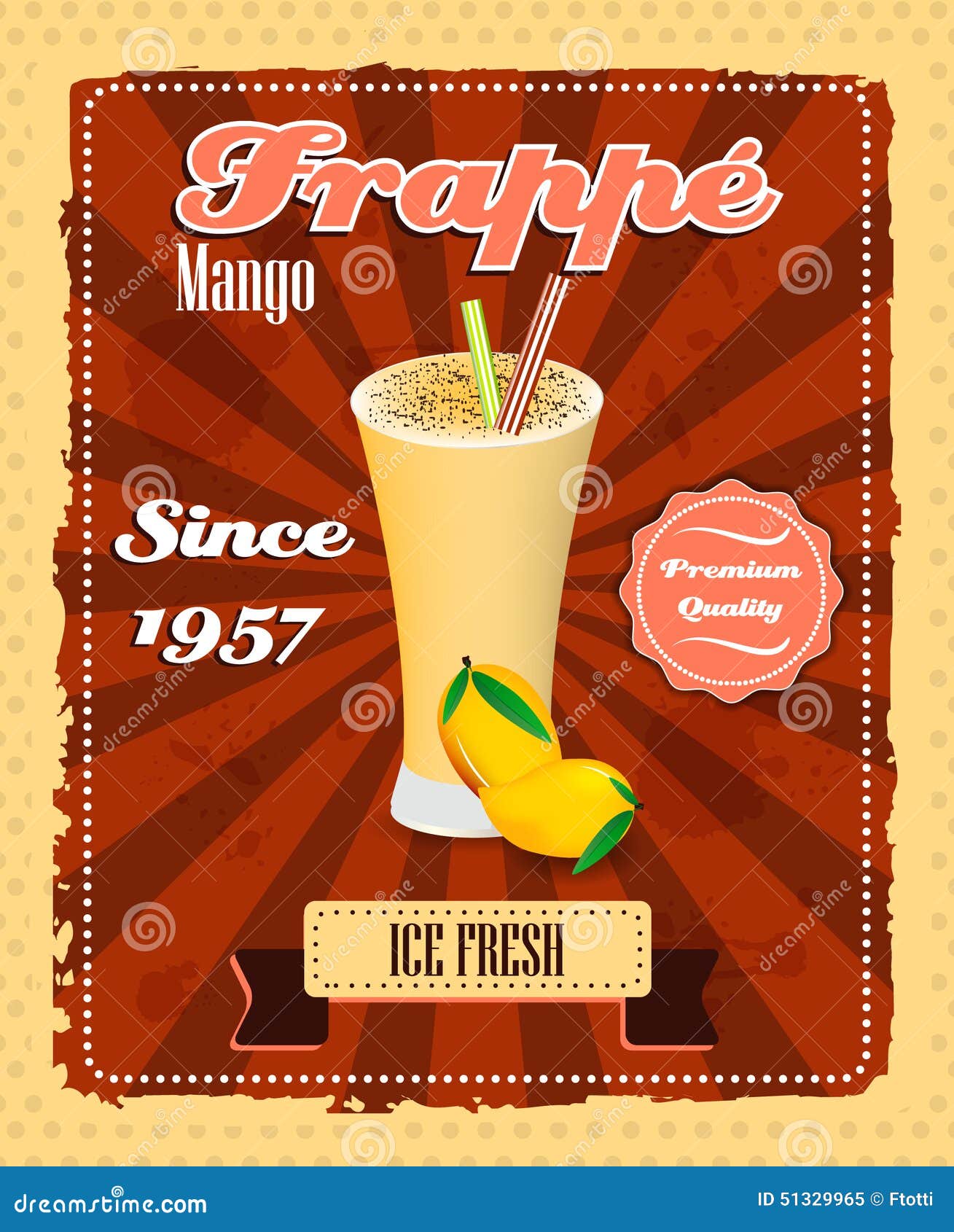 mango frappe poster with fruit, drinking strew and glass in retro style