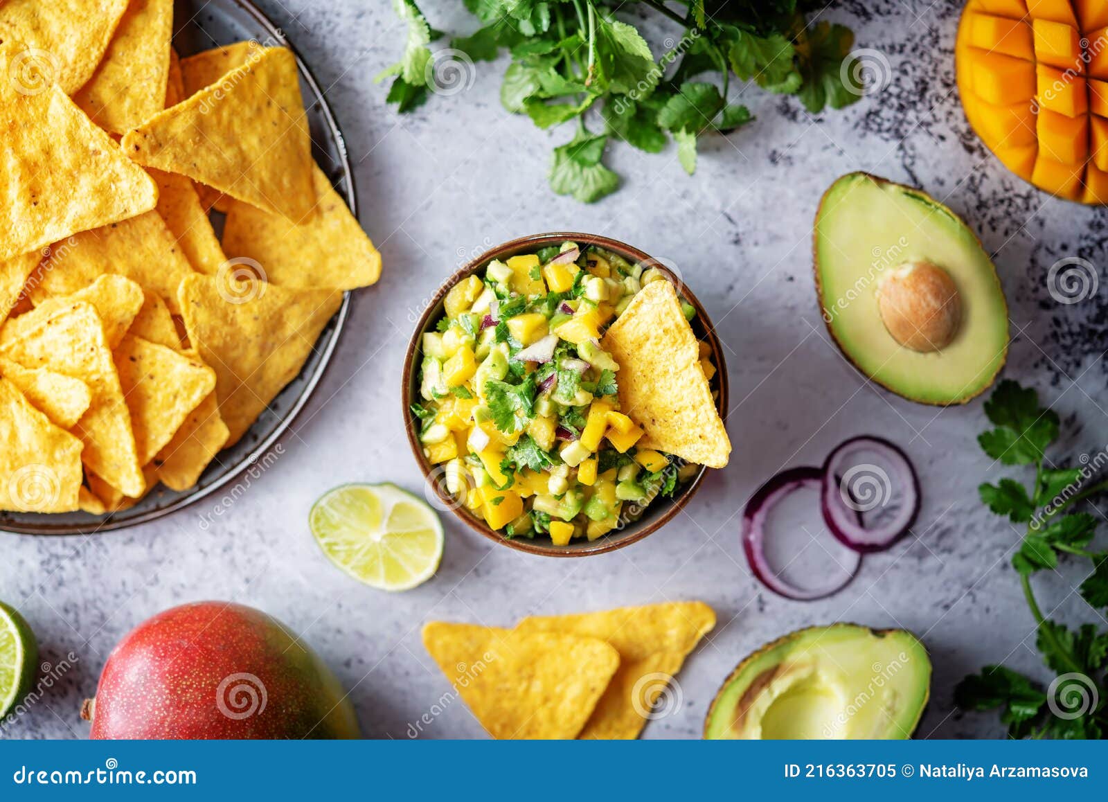 Mango Guacamole with Corn Chips and Ingredients To Prepare it Stock