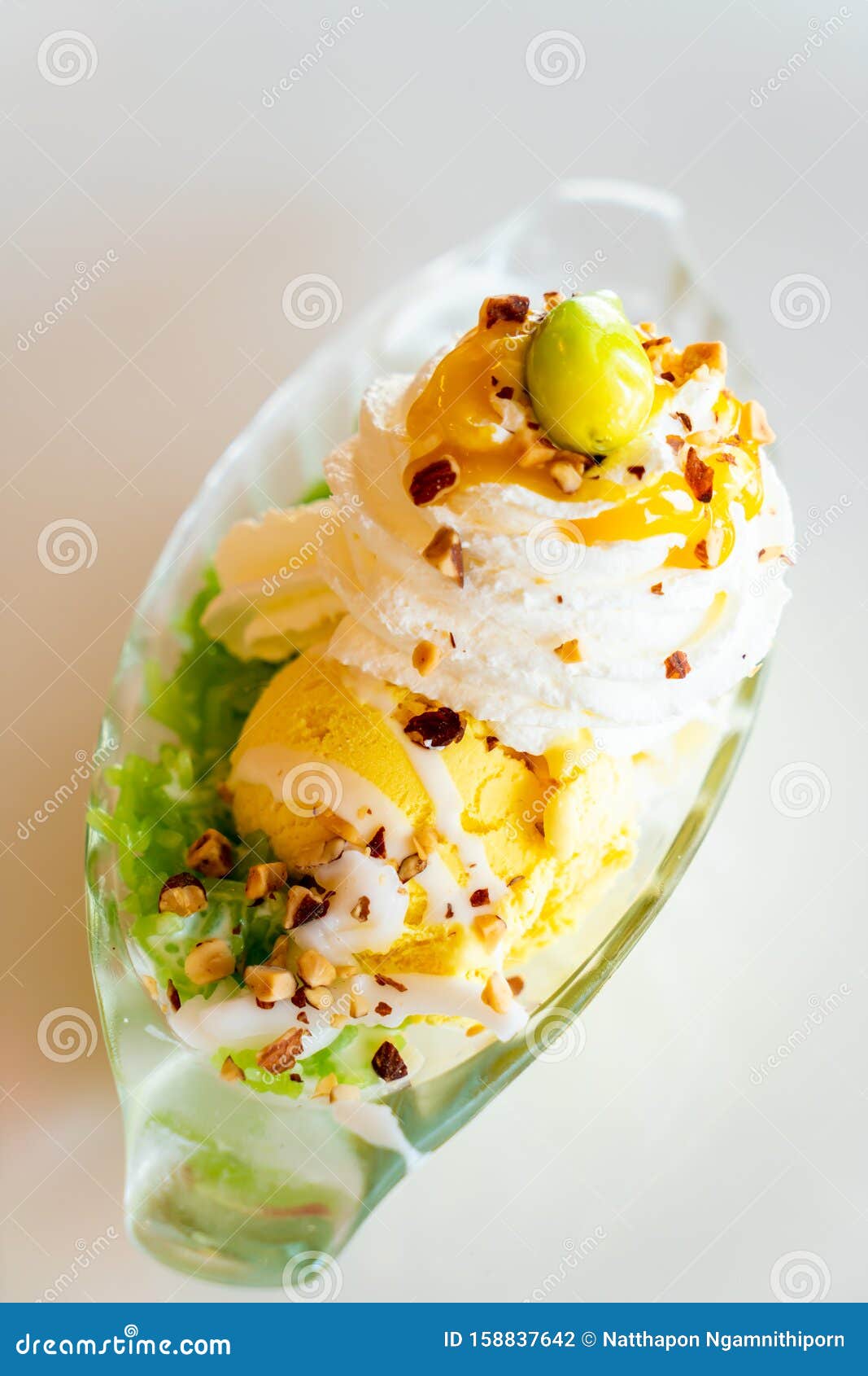 Mango Icecream with Sticky Rice and Whipped Cream Stock Photo Image